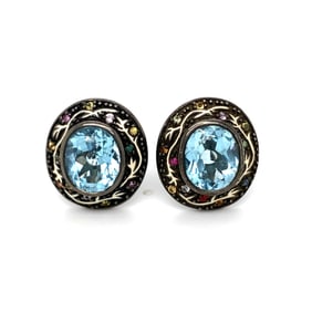 Black Rhodium Sterling Silver Earrings with Blue topaz and White Enameling