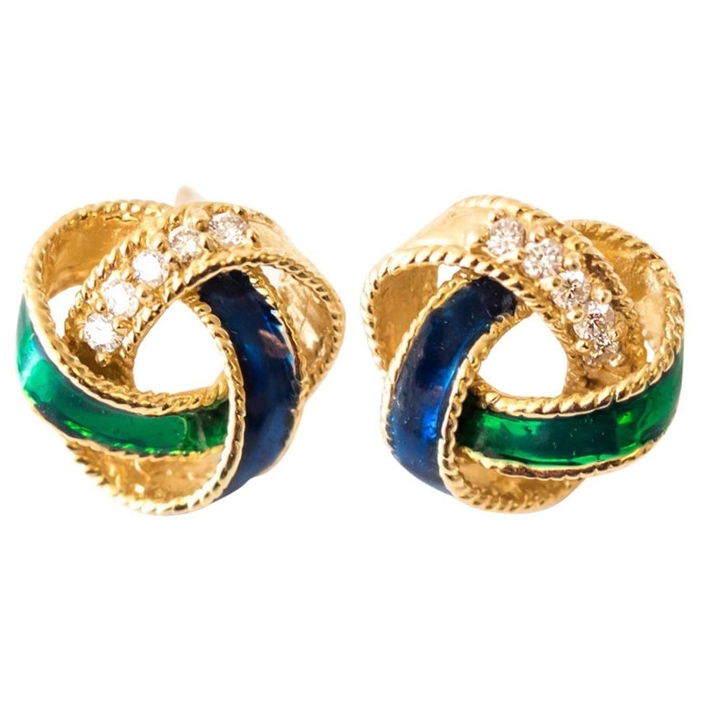 1950s Enamel and Diamond Gold Wreath Stud Earrings in 14K Yellow Gold (1 of 4)