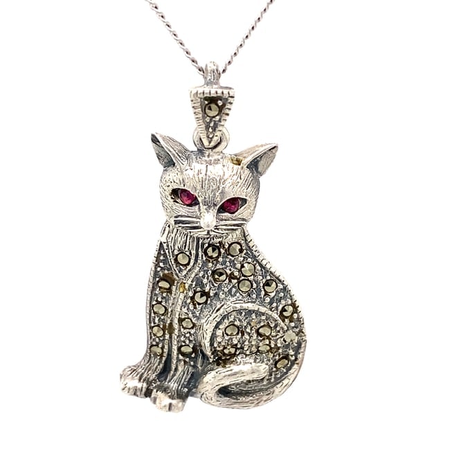 Marcasite Cat Pendant in Sterling Silver: Metal type: Sterling Silver, Stone: Marcasite, Shape: Cat, Dimensions: Approximately 1.5" Height x 0.75" Width, Weight: 7.4 g