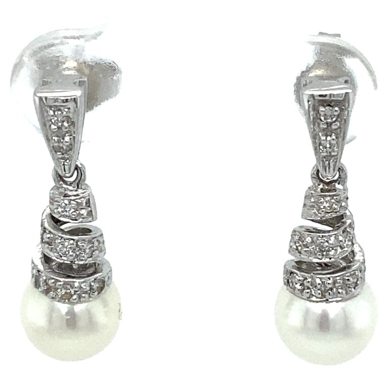 1990s Diamond and Pearl Spiral Drop Earrings in 14 Karat White Gold (1 of 5)