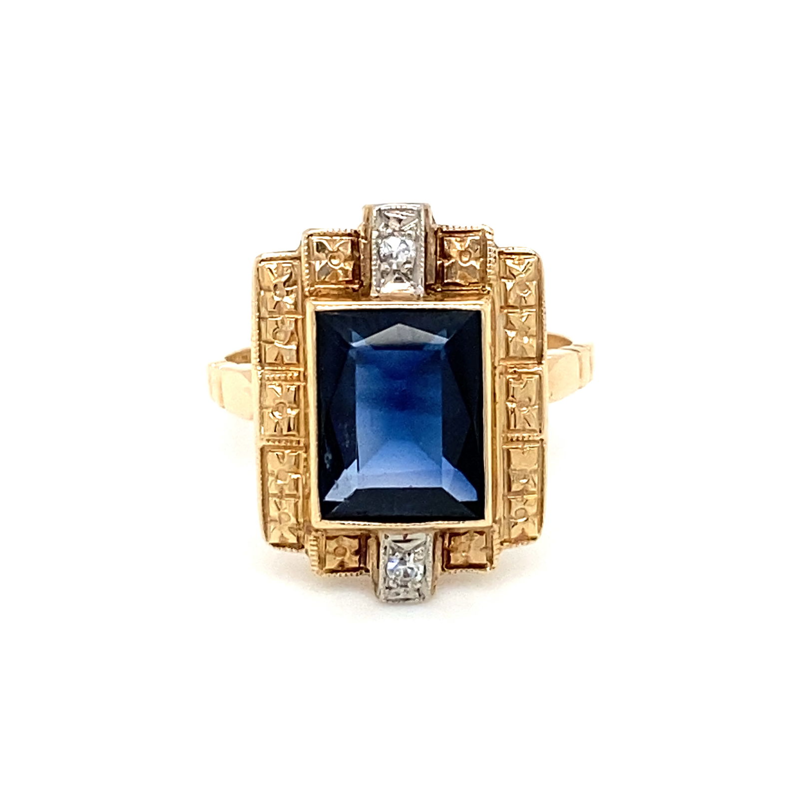 Circa 1920s Art Deco Synthetic Sapphire and Diamond Ring 14K Two tone Gold (1 of 6)