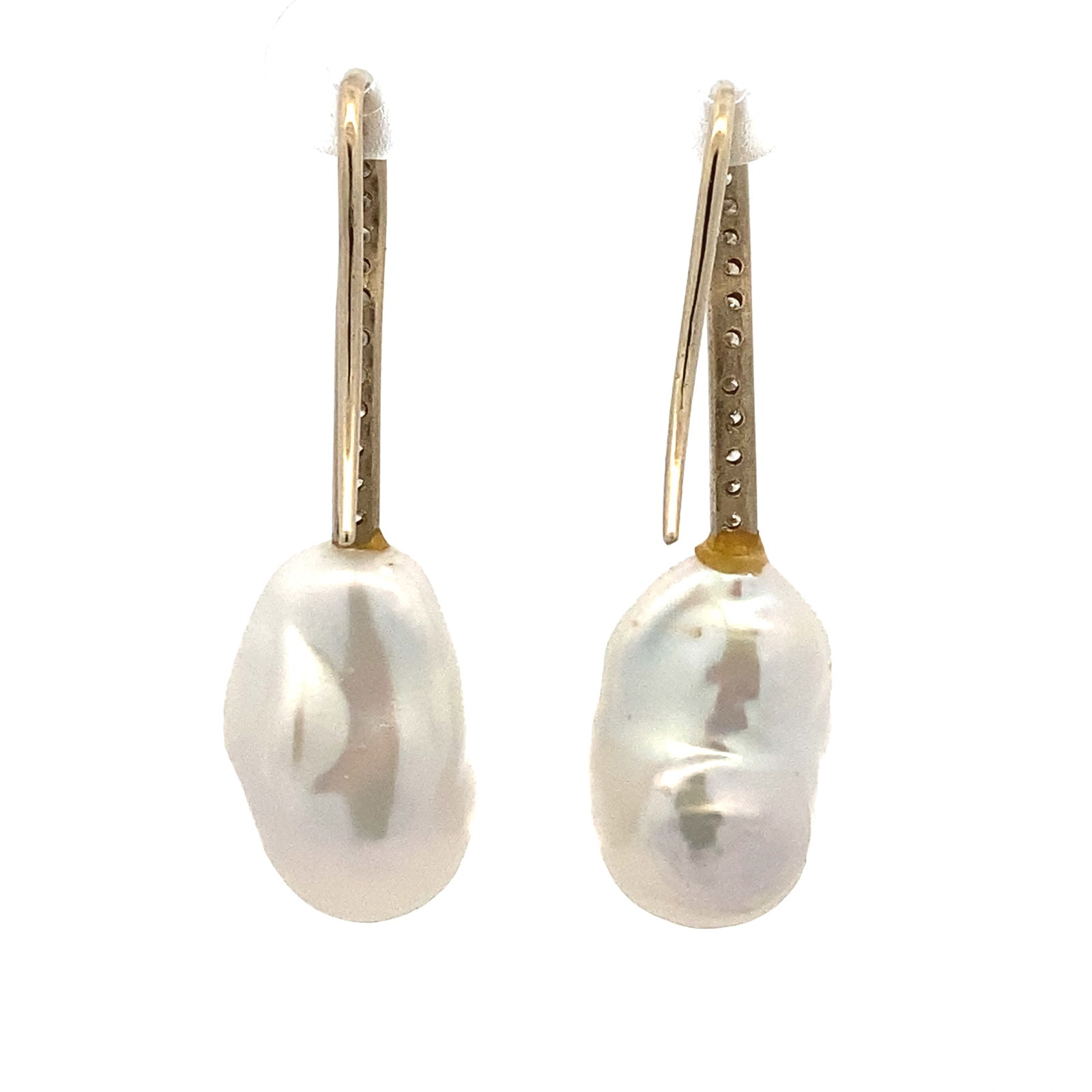 Baroque Pearl and Diamond Dangle Earrings: 14k white gold baroque pearl dangle earrings with diamonds at approximately 0.20 carat total weight, 1.25"L, 7.42g
