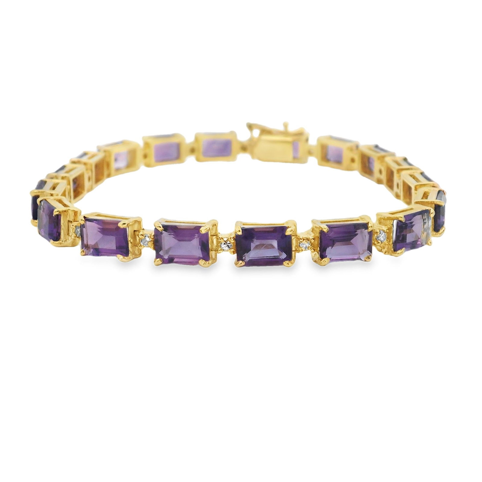 Amethyst and Diamond Tennis Bracelet, 14K Gold: Estate 14k yellow gold amethyst and diamond tennis bracelet, 13.0ctw amethyst, 0.25ctw diamonds, SI-I clarity. 7"L, 15.1 grams.