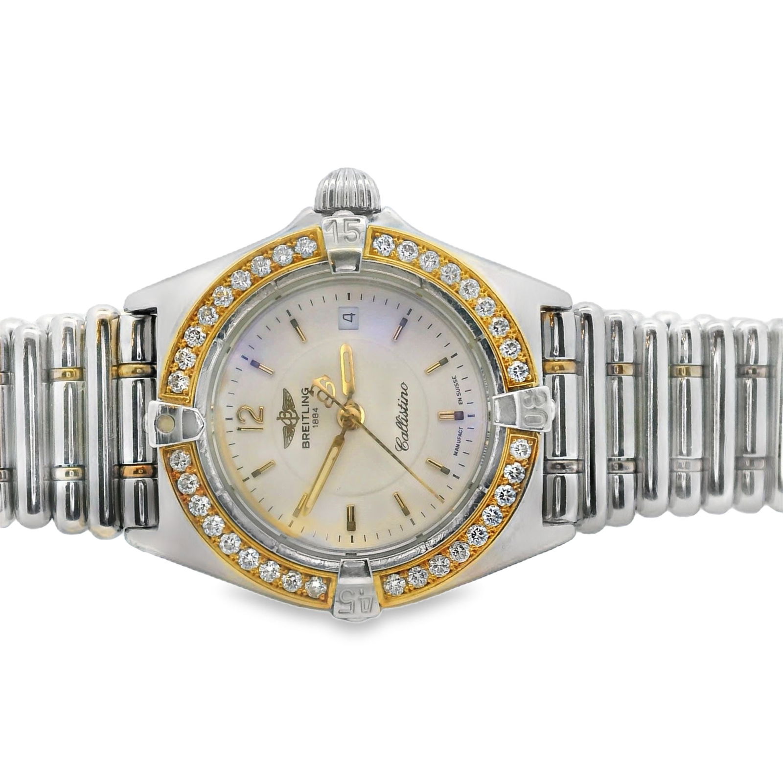 Breitling Callistino Ladies' Wrist Watch with Diamond Bezel: Breitling Callistino ladies' wrist watch, 34mm, in stainless steel and 18k gold with diamond bezel. No. D52044. Quartz movement.