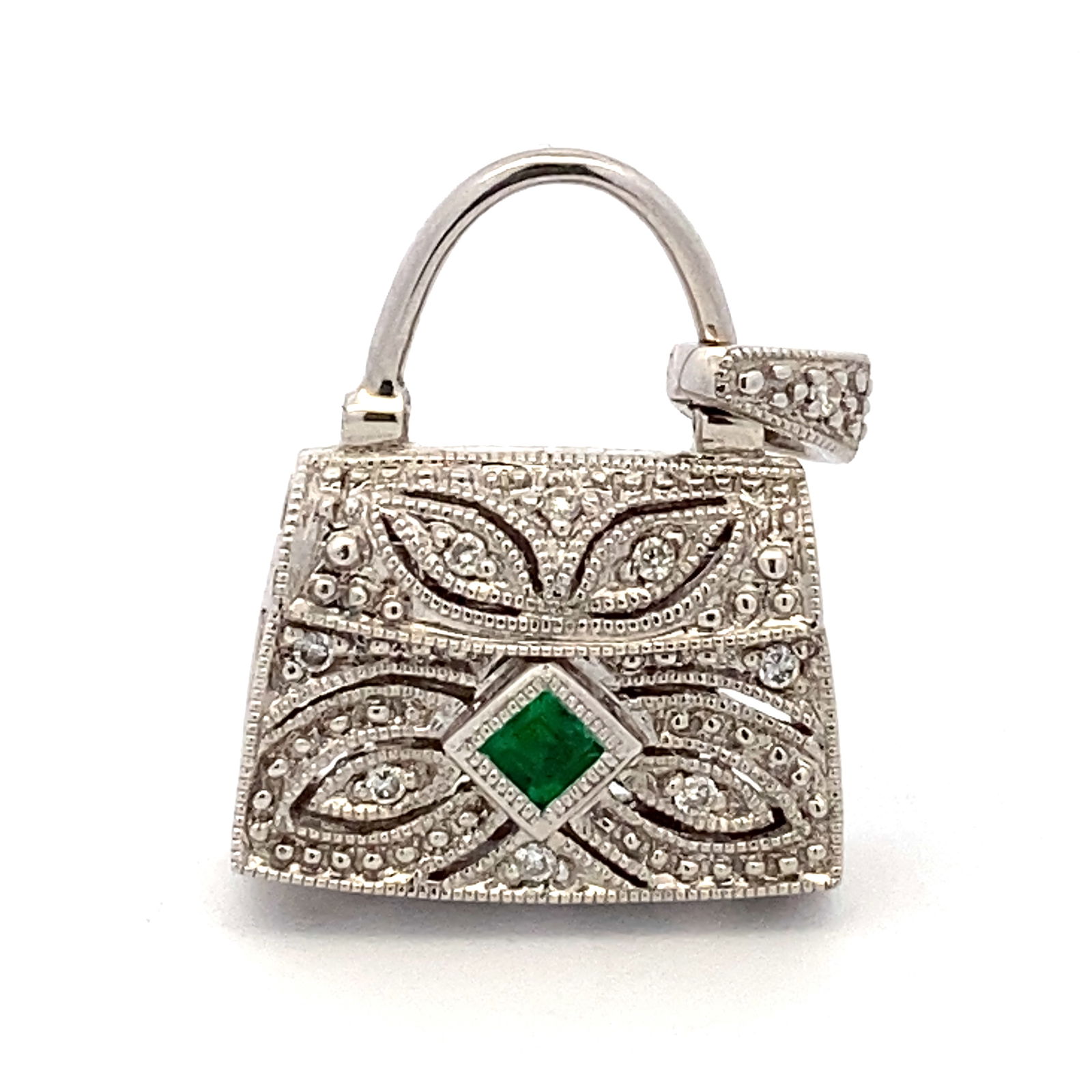 14K White Gold Natural Emerald and Diamond Pendant (1 of 6)