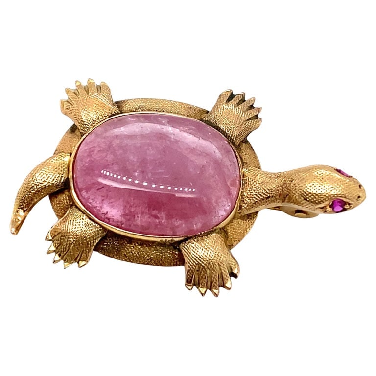 1960s Pink Tourmaline and Ruby Turtle Brooch in 14 Karat Gold (1 of 7)