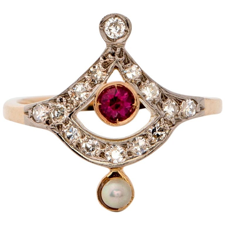 Edwardian Diamond, Ruby and Pearl Ring, 18 Karat Gold and Platinum (1 of 7)