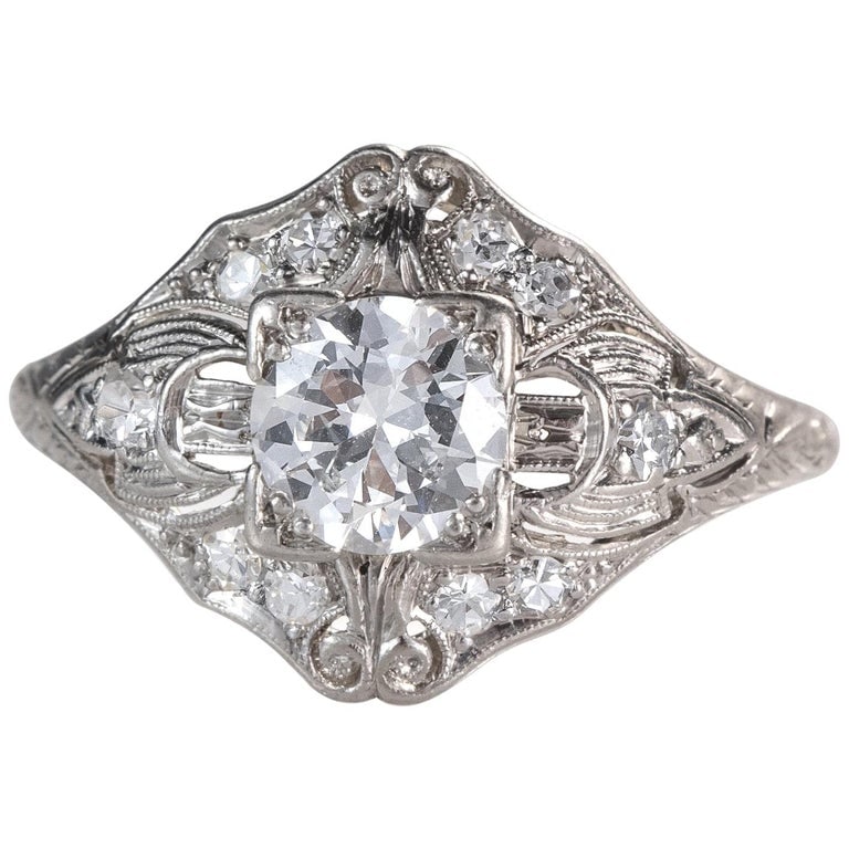 1920s .98 Carat Total Old European Diamond Platinum Engagement Ring (1 of 8)