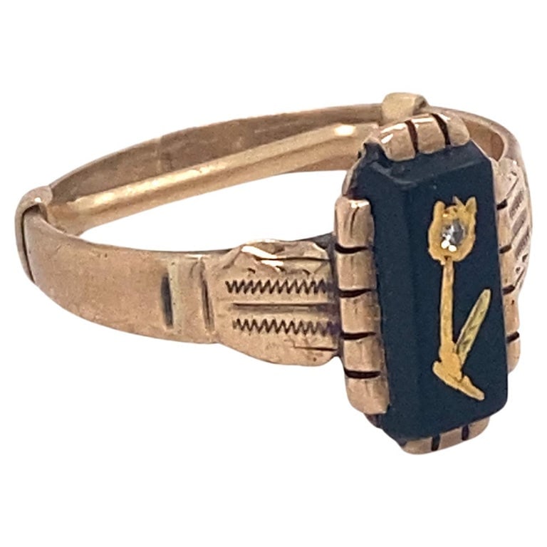 Circa 1890s, Victorian Inlaid Onyx and Diamond Rose Motif Ring in 10K Gold (1 of 4)