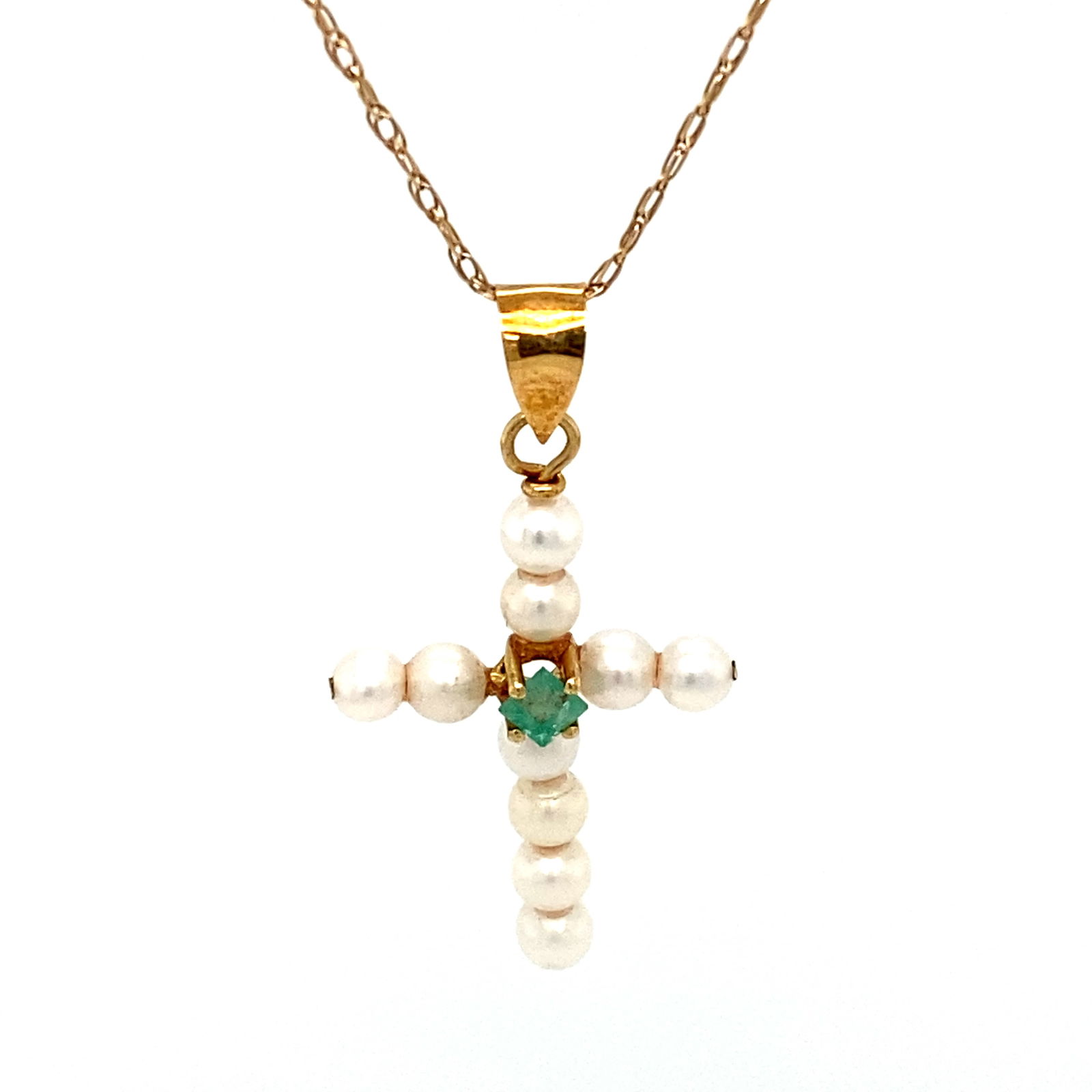 Emerald and Pearl Cross Pendant in 14K Yellow Gold: Metal type: 14K Yellow Gold, Gemstones: Pearl and Emerald, Dimensions: 1" Length, Weight: 0.8 g