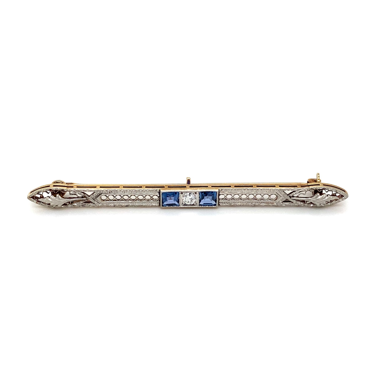 Circa 1920s Diamond and Sapphire Bar Brooch in 14K Yellow Gold and Platinum (1 of 9)