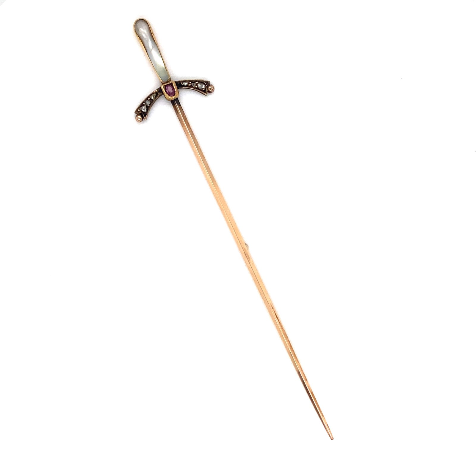 Estate Antique Diamond, Ruby and Pearl Sword Pin in 14K Yellow Gold (1 of 4)