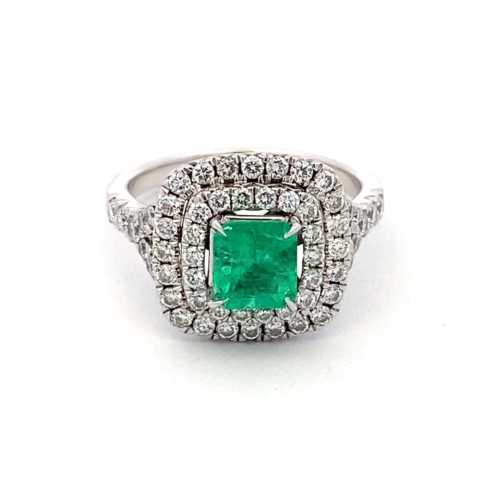 Shane Co Emerald and Diamond Ring in 14K White Gold: Brand: Shane Co., Metal type: 14K White Gold, Gemstones: Emerald - .65 ct and diamond 1.45 ct, Size: 5.75, Weight: 4.9 g