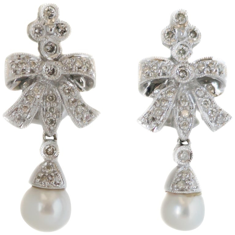 0.80 Carat Total Diamond, Pearl and 14 Karat Gold Chandelier Earrings (1 of 4)