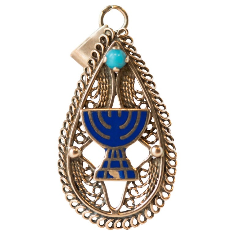 Menorah Enamel and Turquoise Pendant in 14 Karat Yellow Gold (1 of 5)