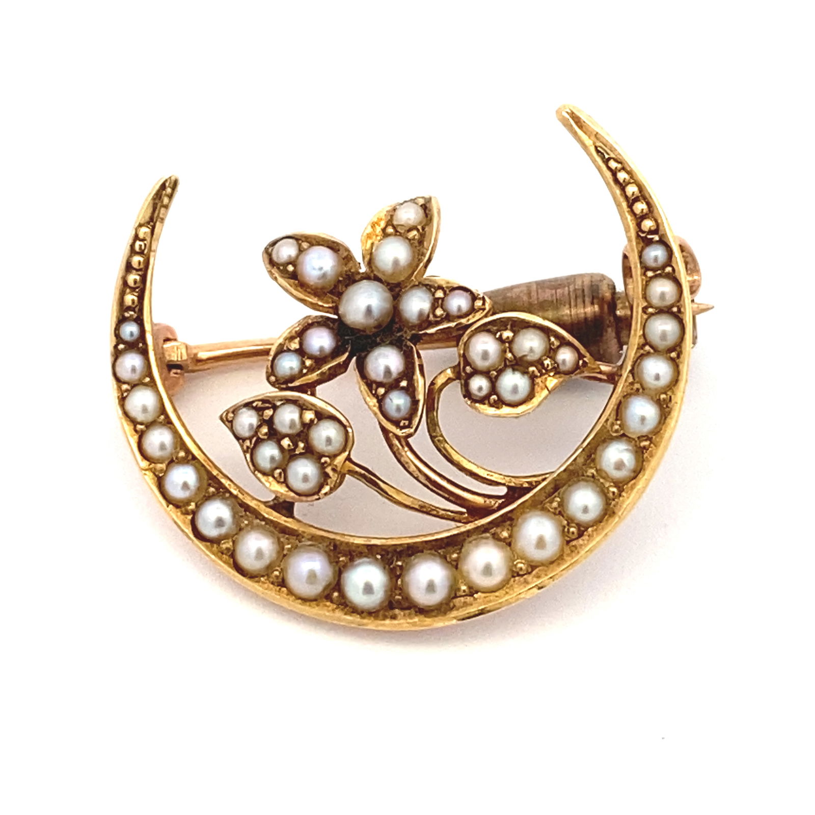Estate Seed Pearl Crescent Moon Brooch Pin in 14K Yellow Gold (1 of 6)