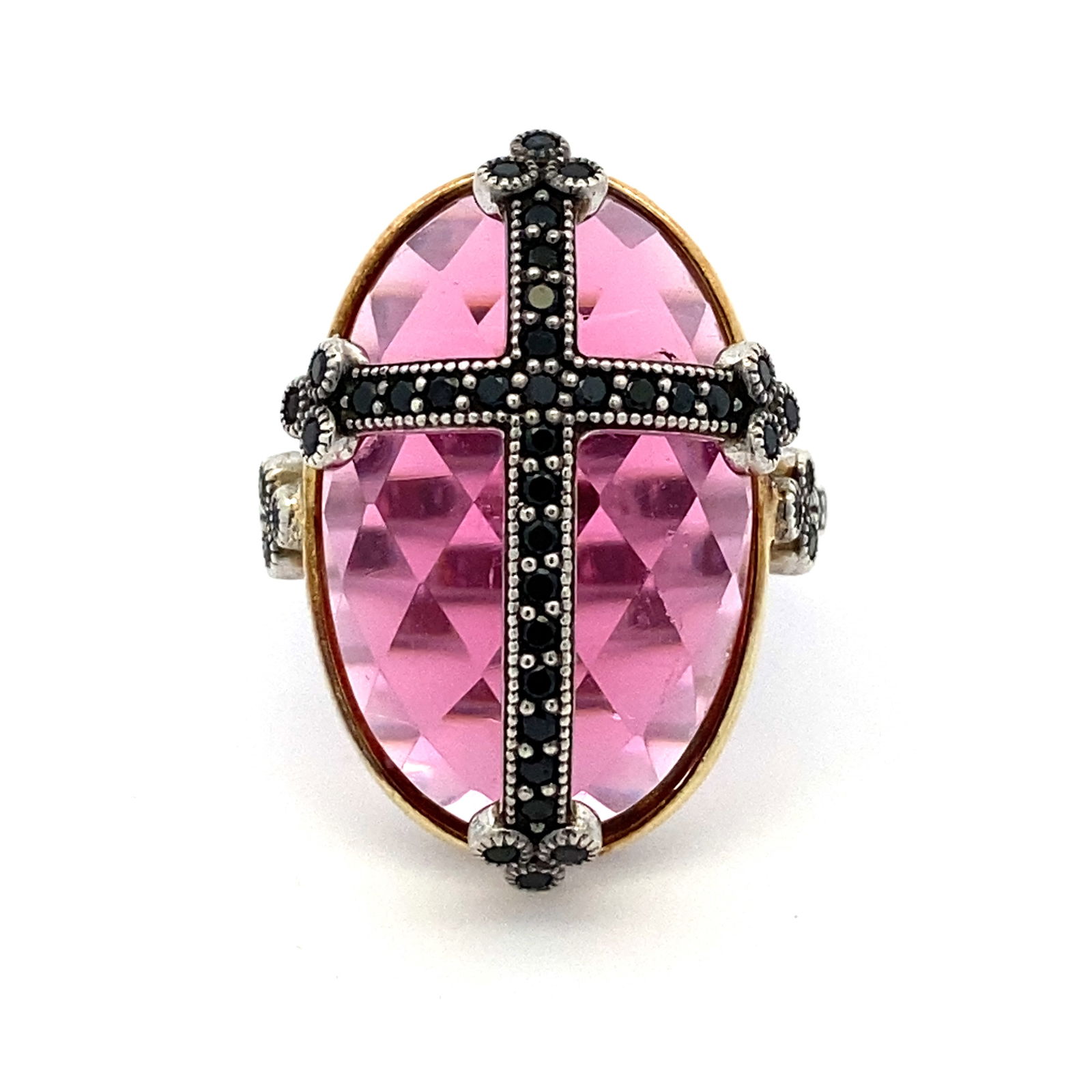 Jude Frances Pink Tourmaline and Black Diamond Cross Ring in Sterling Silver and 18K Gold (1 of 6)