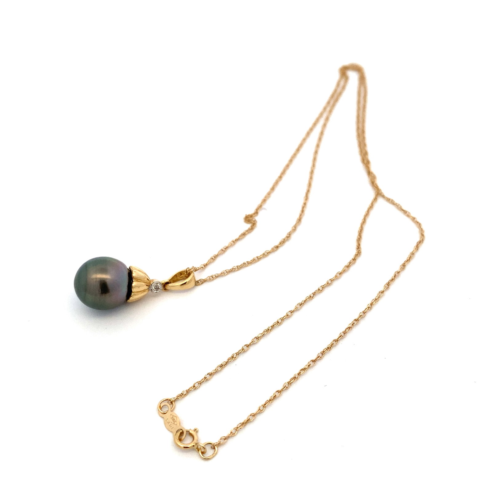 Estate Designer Tahitian Pearl and Diamond Pendant Necklace in 14K Yellow Gold: Estate, Metal type: 14k yellow gold, Gemstones: Tahitian pearl and diamond, the necklace is 18'' length and weighs 3.2 grams