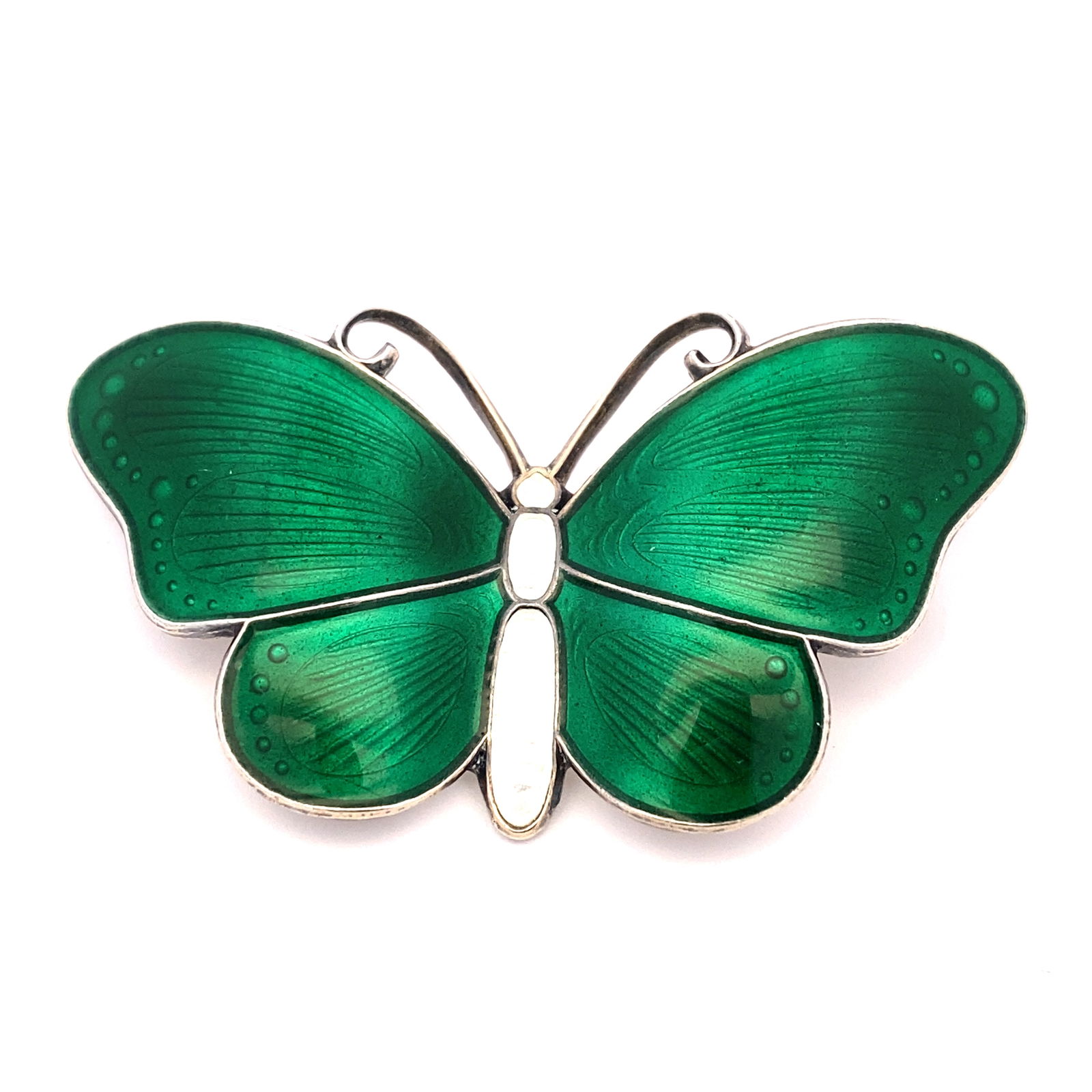 Estate Sterling Silver Norway Guilloche Green Enamel Butterfly Brooch: Estate sterling silver Norway Guilloche green enamel butterfly brooch, Measure: 2" L x 1" H, Weight: 10.9 grams