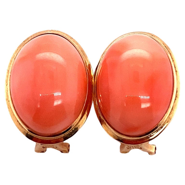Oval Orange Coral Button Earrings in 14 Karat Gold (1 of 5)