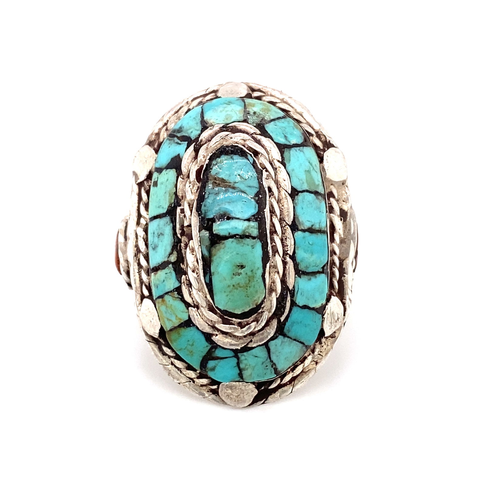Circa 1970s Native American Inlaid Turquoise Ring with Coral in Sterling Silver (1 of 8)