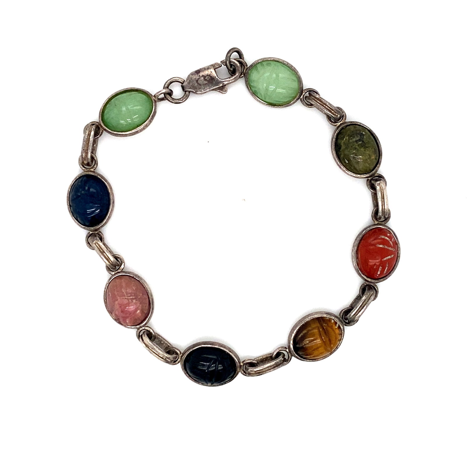 Multi-Gemstone Carved Scarab Sterling Silver Bracelet (1 of 3)