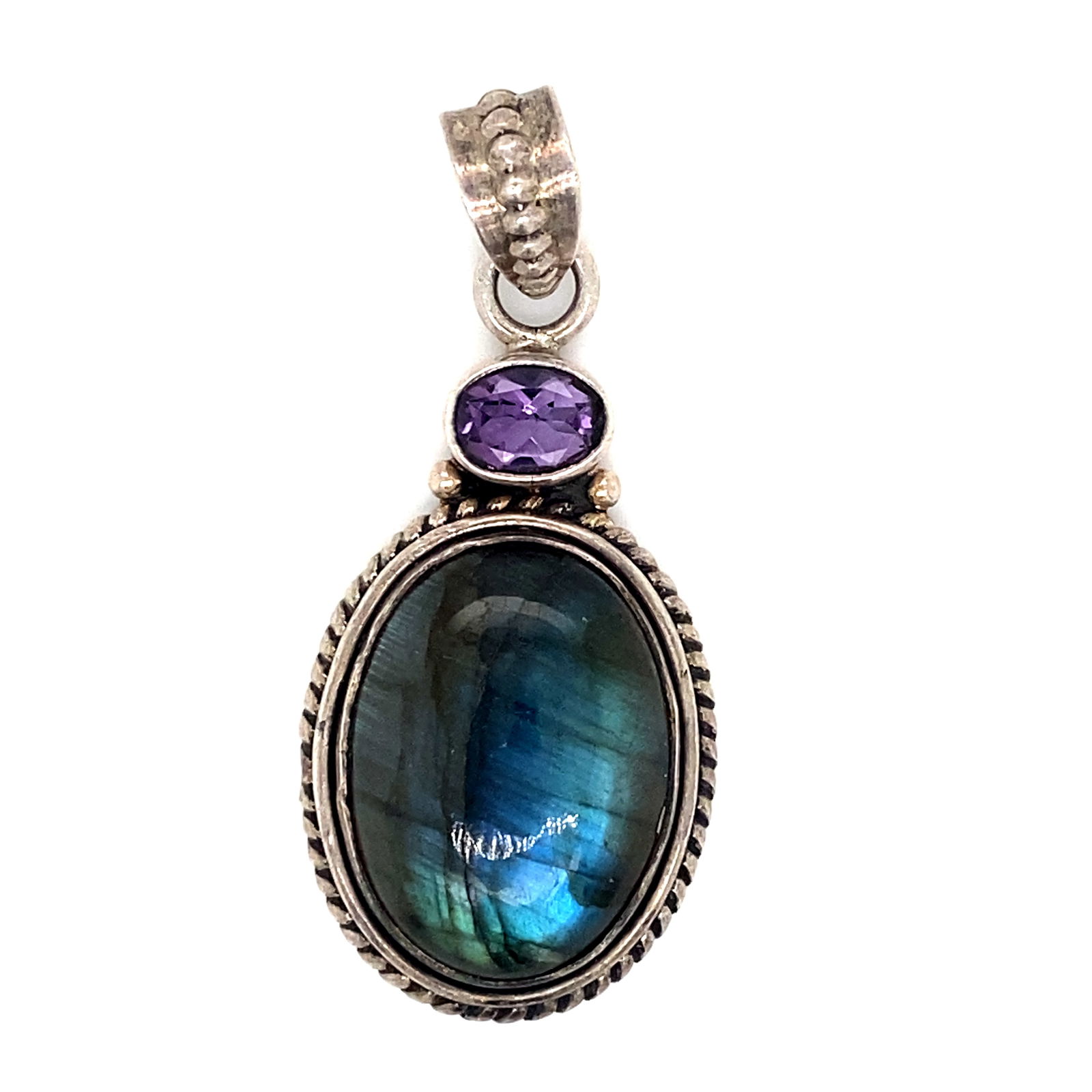 Sterling Silver Labradorite and Amethyst Pendant: Estate sterling silver pendant with amethyst and Labradorite gemstones, 9.7g