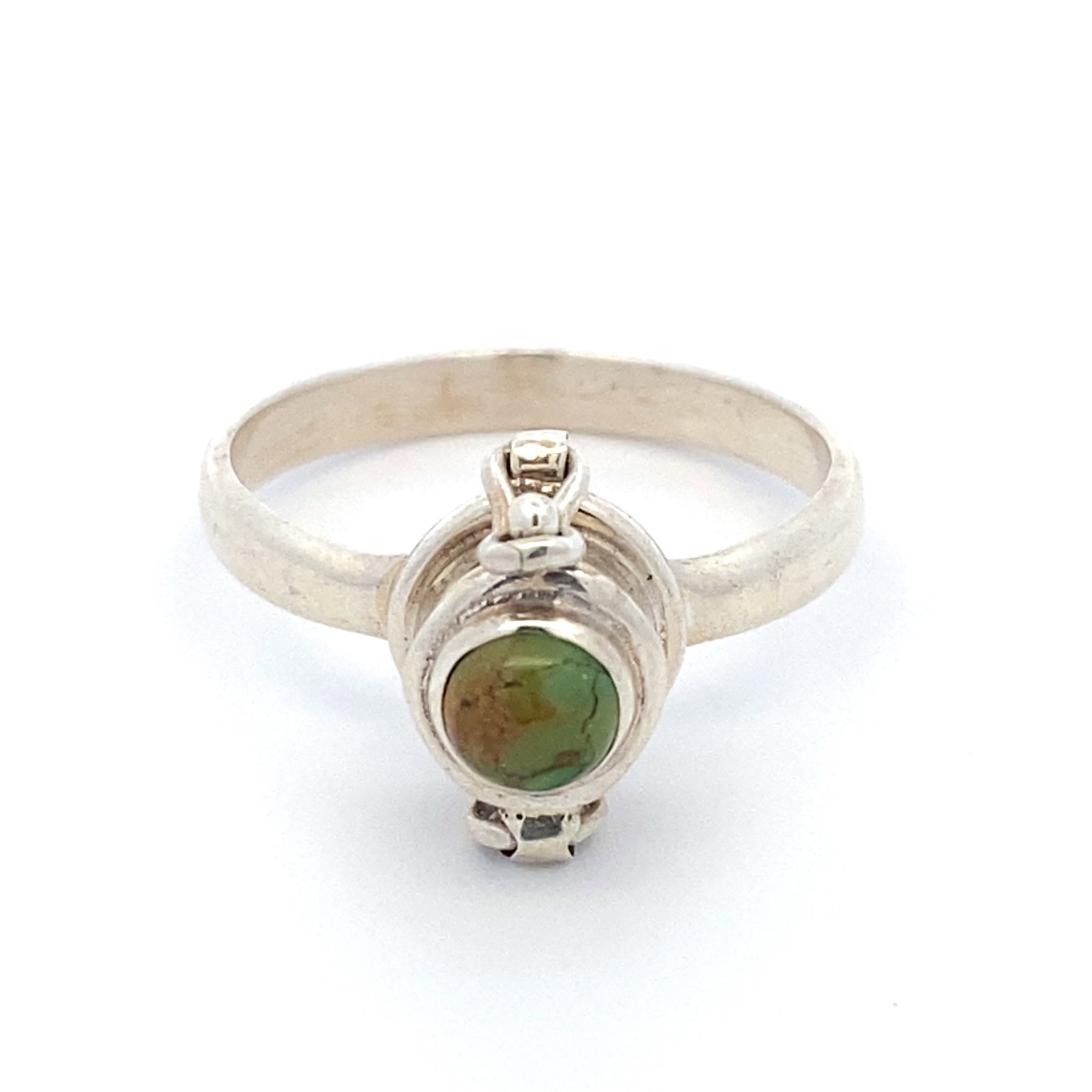 Turquoise Poison/Pill box Ring in Sterling Silver: Metal type: Sterling silver, Stone: Turquoise, Design: Poison/pill box ring, Size: 8, Weight: 3 grams