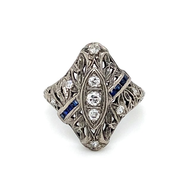 Diamond and Synthetic Sapphire Shield Ring in 18K White Gold (1 of 8)