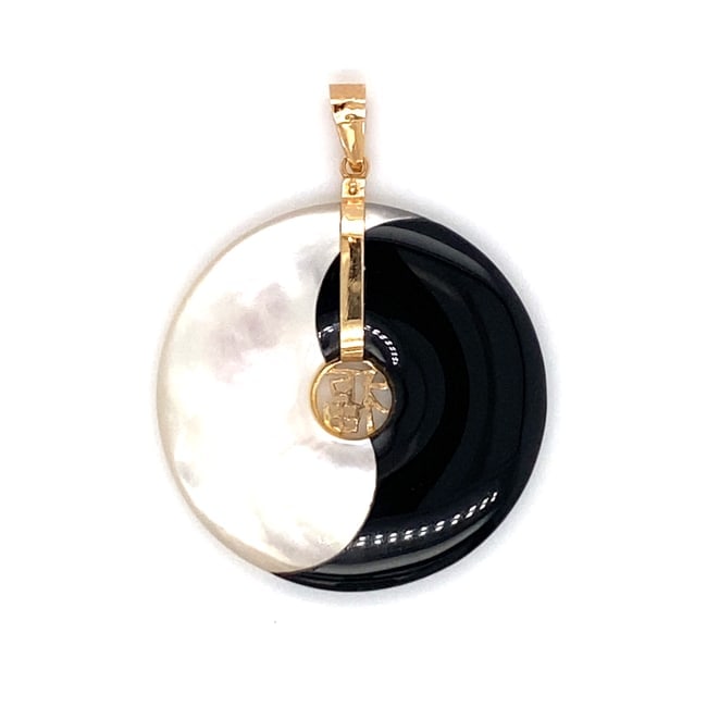 Mother of Pearl and Onyx Bi Disc Pendant in 14K Yellow Gold: Metal type: 14K Yellow Gold, Stones: Mother of pearl and onyx, Design: Bi disc pendant, Dimensions: 1" Diameter, Weight: 2.9 g