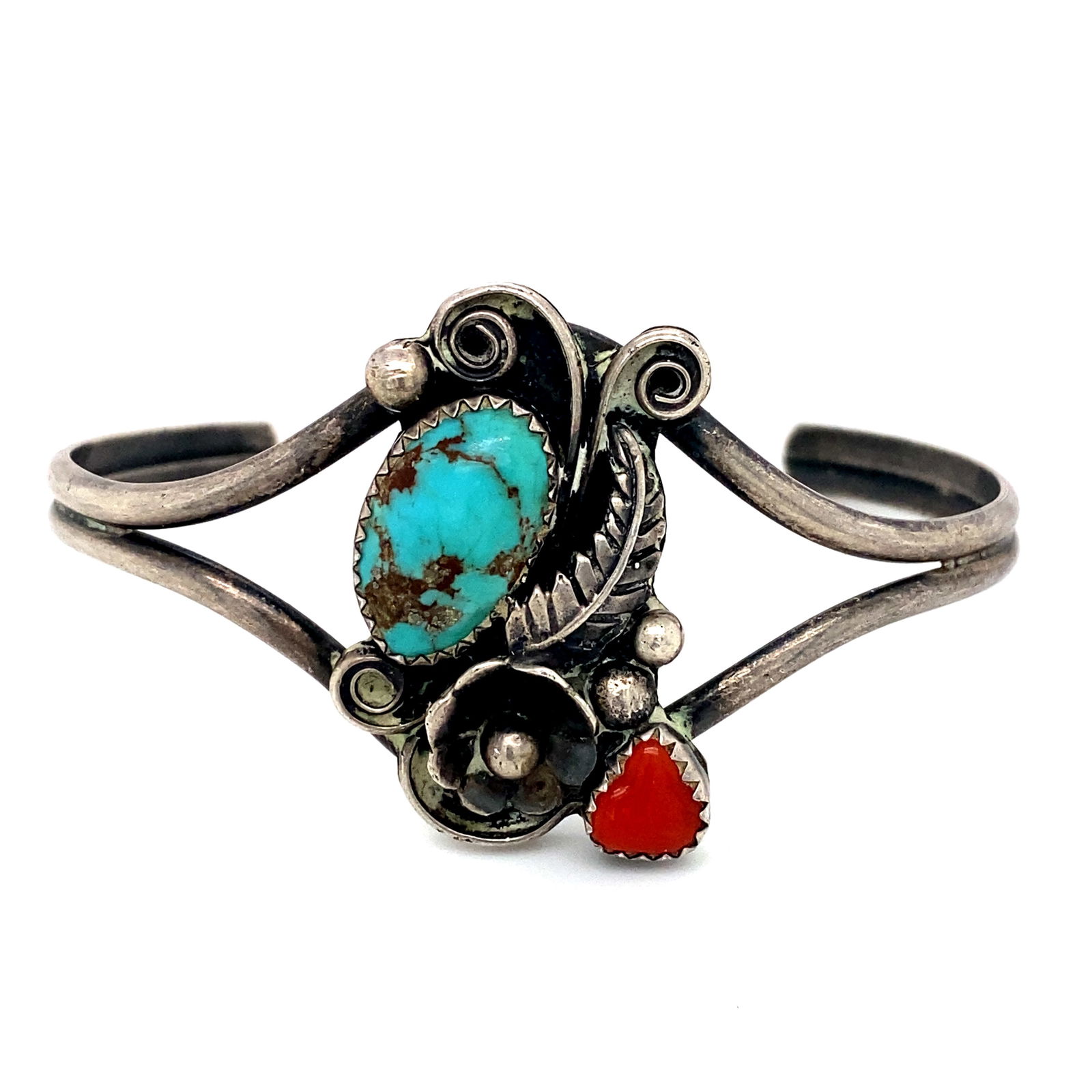 Native American Navajo Artisan Signed Cuff Bracelet, Turquoise/Coral (1 of 5)
