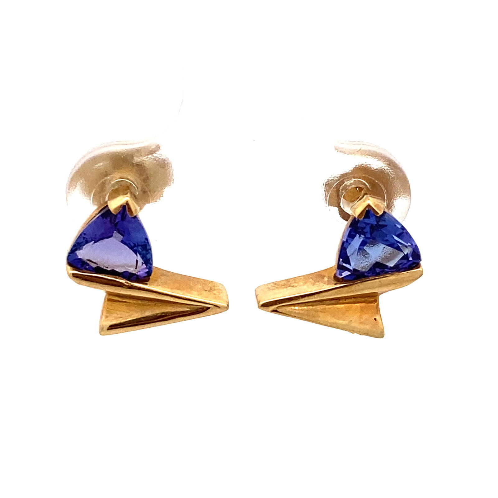 Trillion Cut Tanzanite Stud Earrings, 14K Gold: 14k gold trillion cut tanzanite stud earrings, approximately 0.75 carat total weight, 2.50g, 11mm H