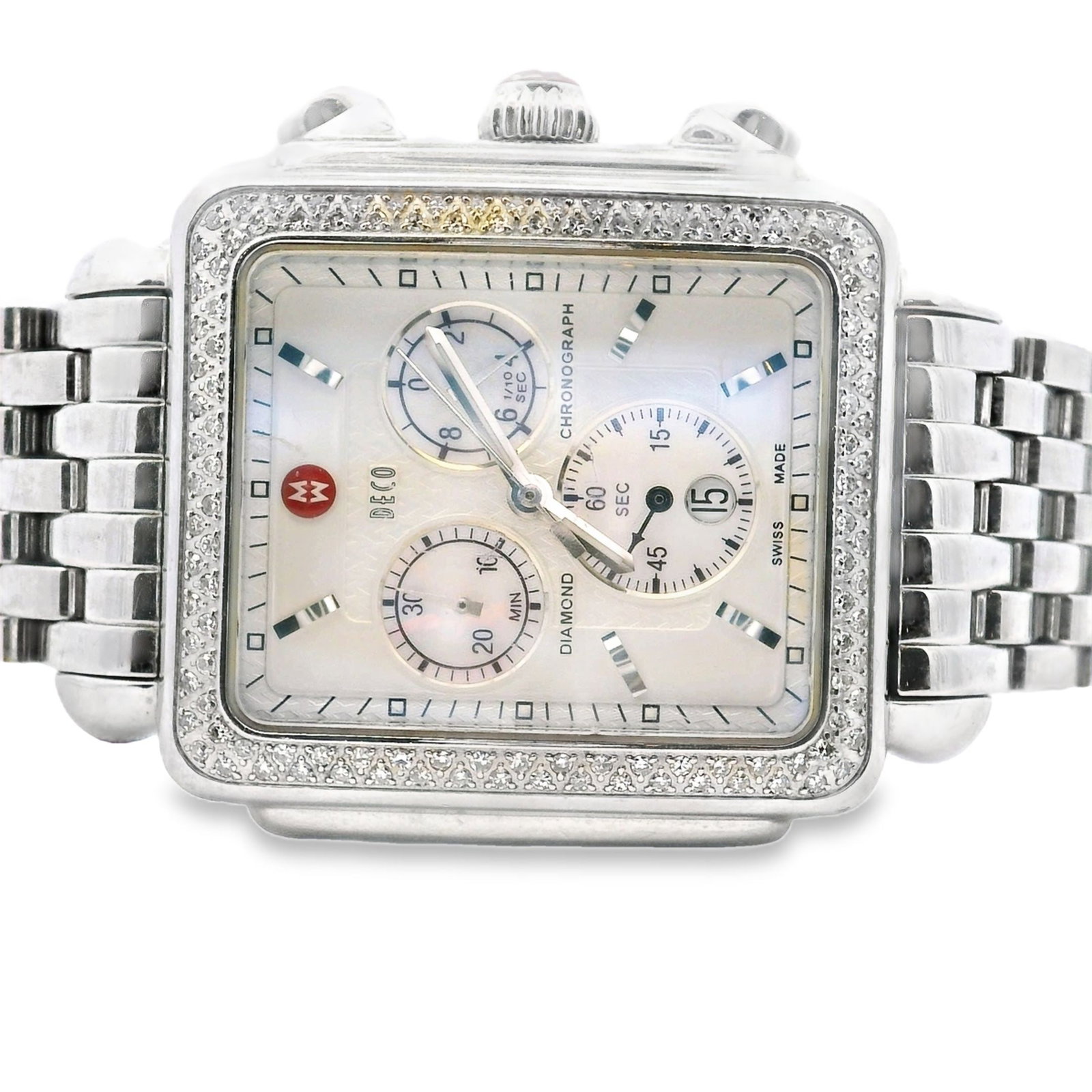 Michele Swiss Made Diamond Chronograph Silver Mother of Pearl Watch: Michele Swiss Made Diamond Chronograph Silver Mother of Pearl Watch, Case size: 35 mm without crown, Weight: 157.8 grams