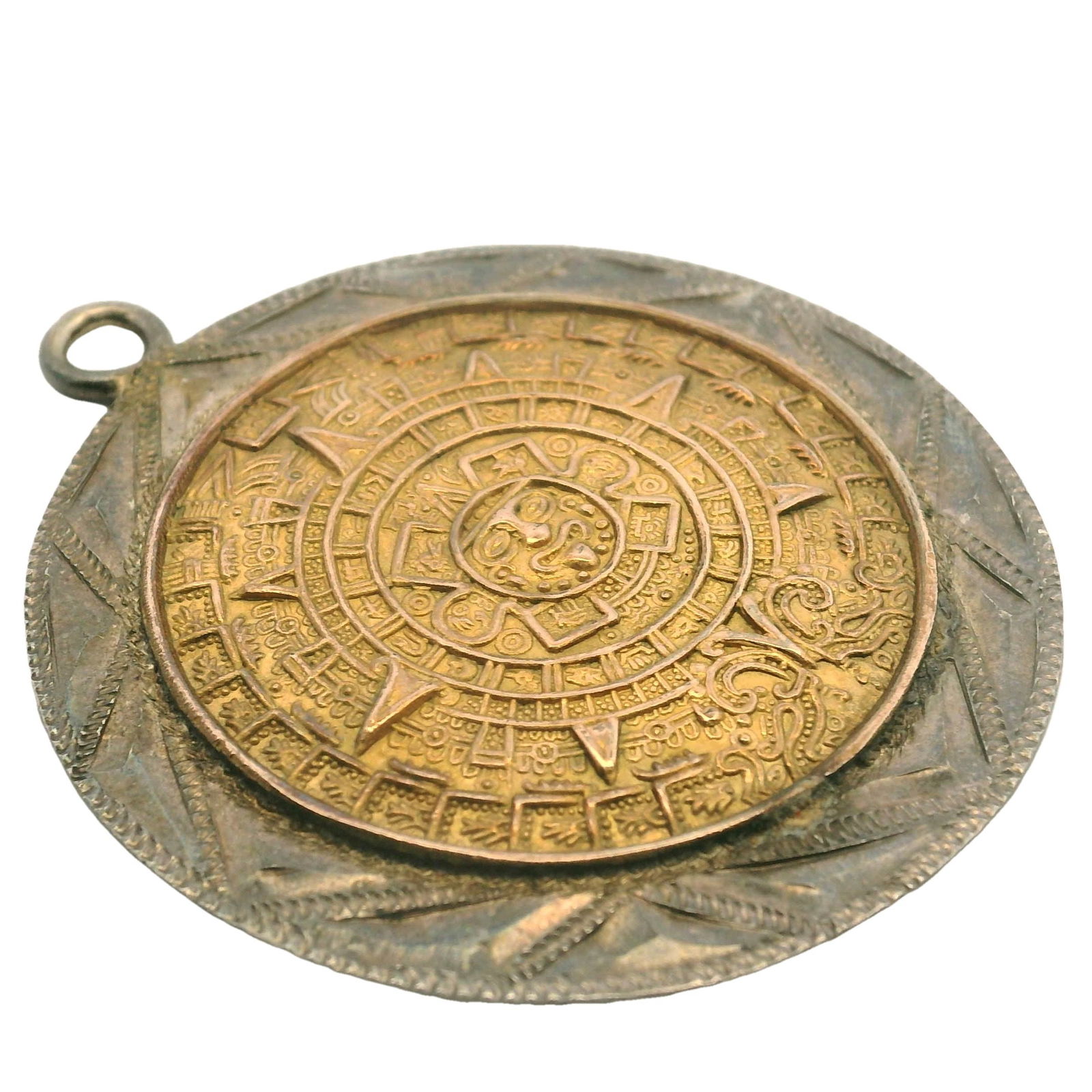 Vintage Estate Mexican Mayan Aztec Calendar Pendant in Sterling Silver and 14K Yellow Gold (1 of 5)