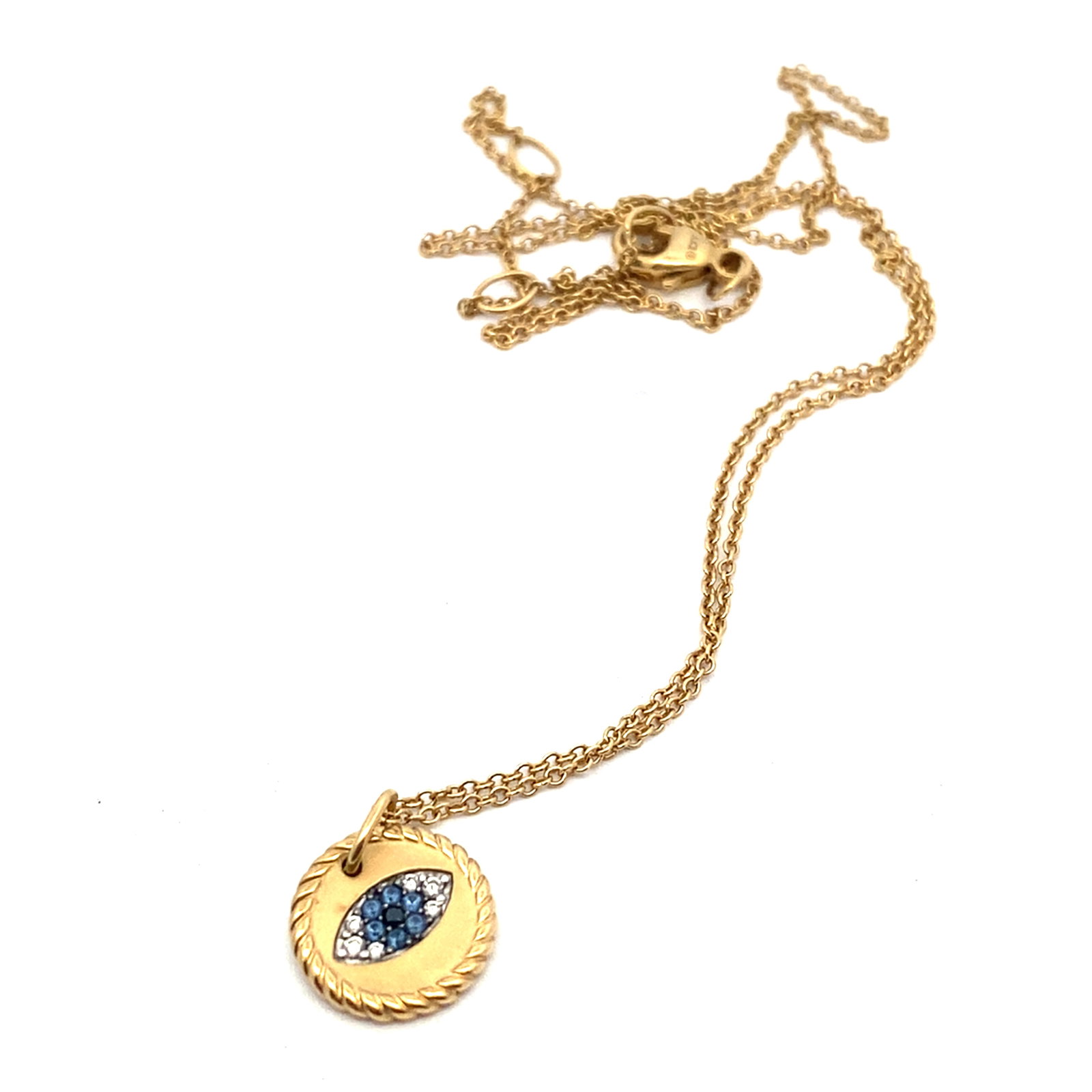 David Yurman Diamond and Sapphire Evil Eye Pendant Necklace in 18K Yellow Gold: Brand: David Yurman, Metal type: 18k yellow gold, Gemstones: Diamond and sapphire, Design: Evil eye pendant and necklace, Measure: 16-18" length, pendant: 11mm diameter, Weight: 3.3 grams, Bag include