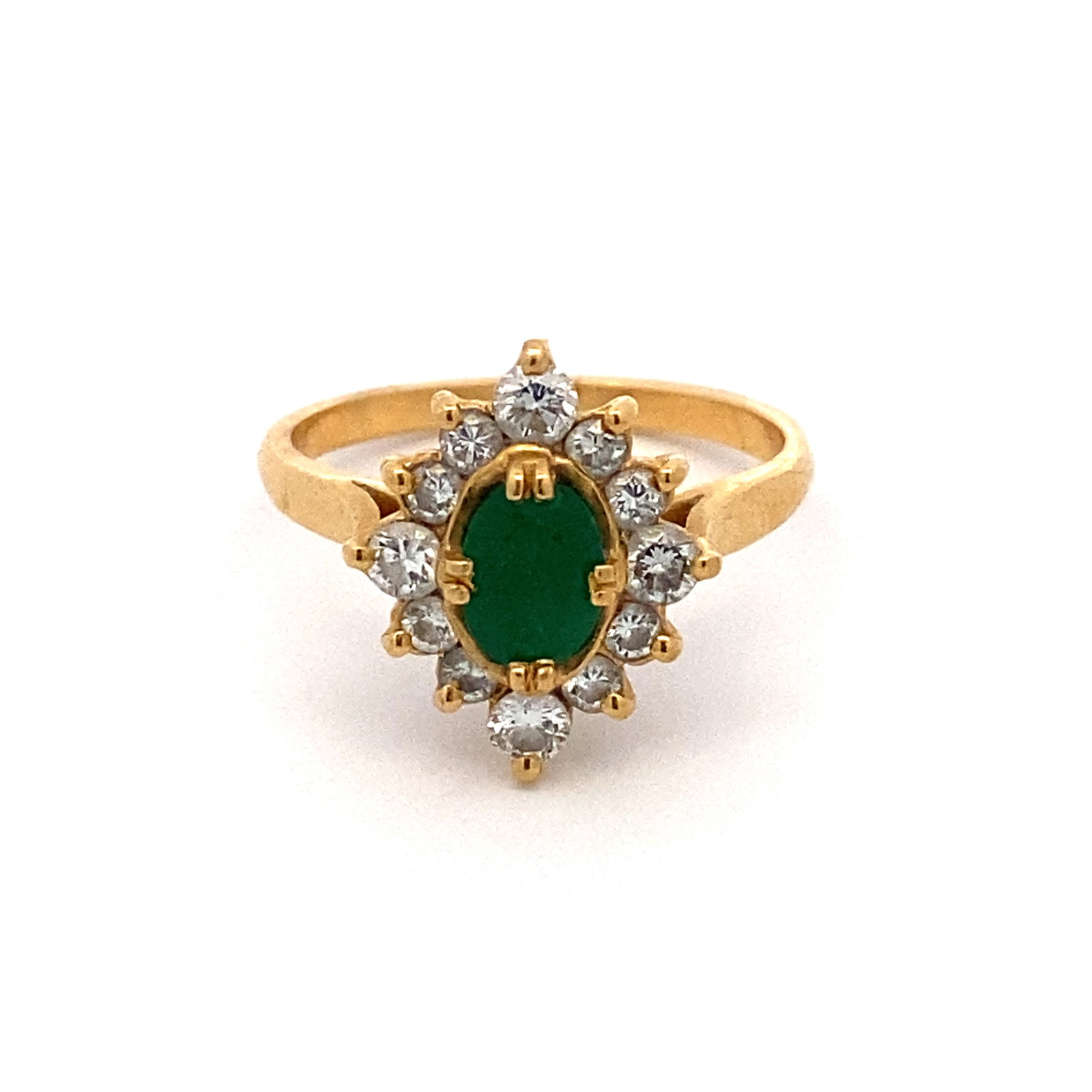 Emerald and Diamond Ring in 14K Yellow Gold: Metal type: Unmarked 14K Yellow Gold, Gemstones: Emerald - .45 ct and diamond - .36 ct VS/SI, Size: 5.25, Weight: 3.1 grams