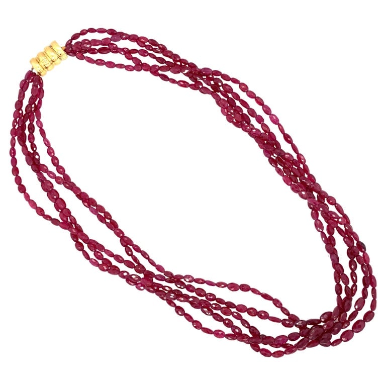 Five Strand Faceted Ruby Bead Necklace with 18 Karat Gold Magnetic Clasp (1 of 7)