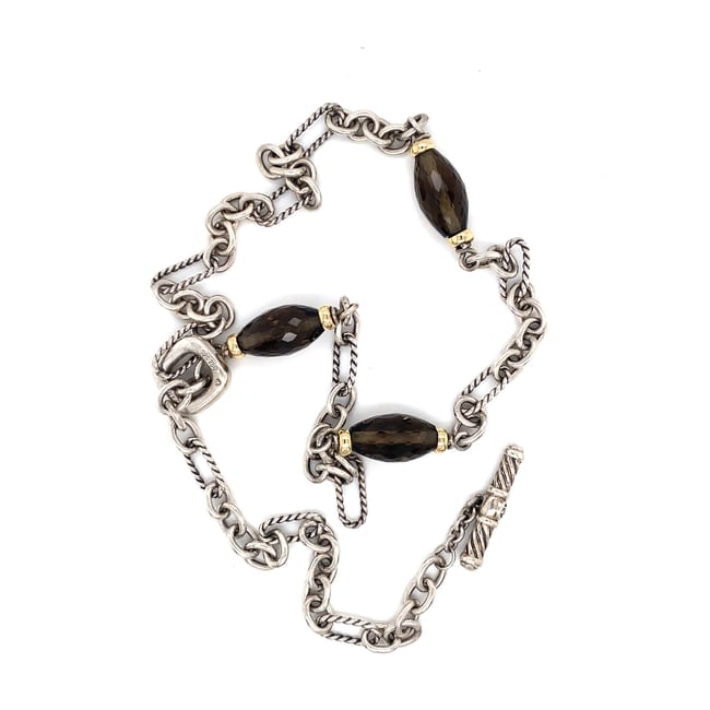 David Yurman Quartz Link Necklace: 1980s David Yurman Link Necklace - Sterling Silver, 18 Karat Yellow Gold, Smoky Quartz, Measure: 17 inches length, Weight: 21.5 grams Hallmark: 925 750 D.Y. Stone: Smoky Quartz