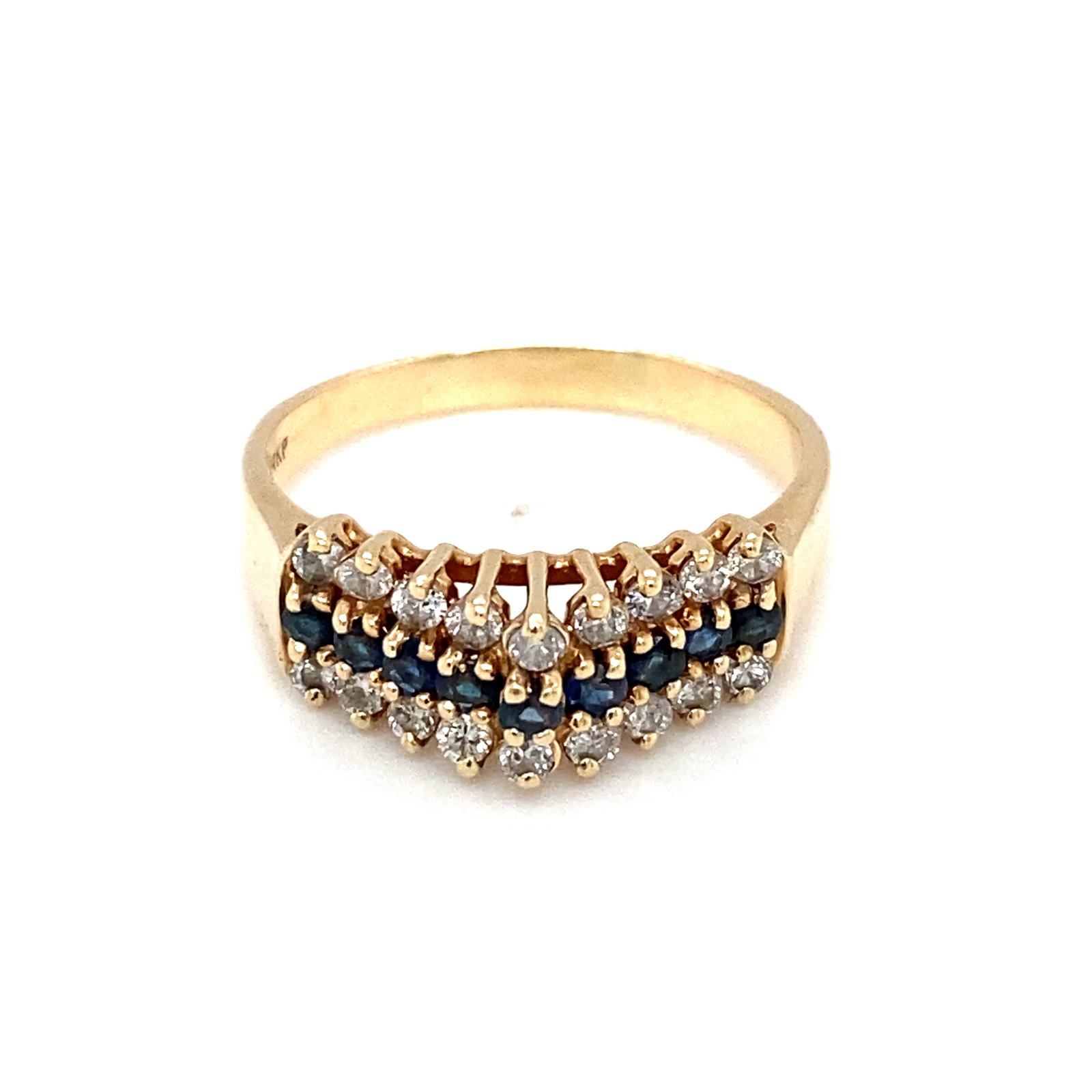 Diamond and Sapphire Pointed Band in 14K Yellow Gold: Metal type: 14K Yellow Gold, Gemstones: Diamond and Sapphire, Size: 8.75, Weight: 3.7 g