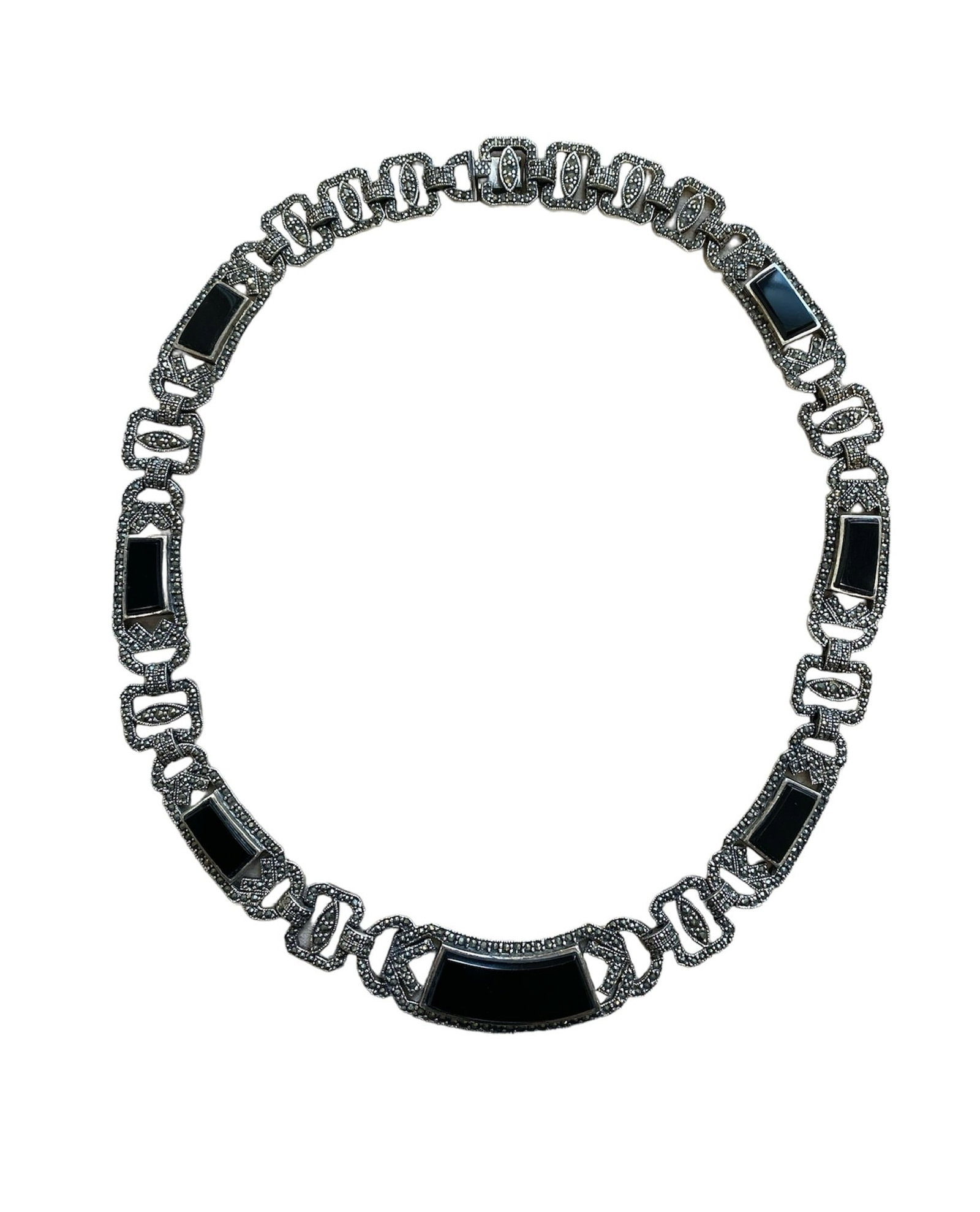 Estate Art Deco Marcasite and Black Onyx Necklace in Sterling Silver: Estate sterling silver marcasite and black onyx Art Deco style necklace. The necklace is 18'' long and weighs 84 grams.