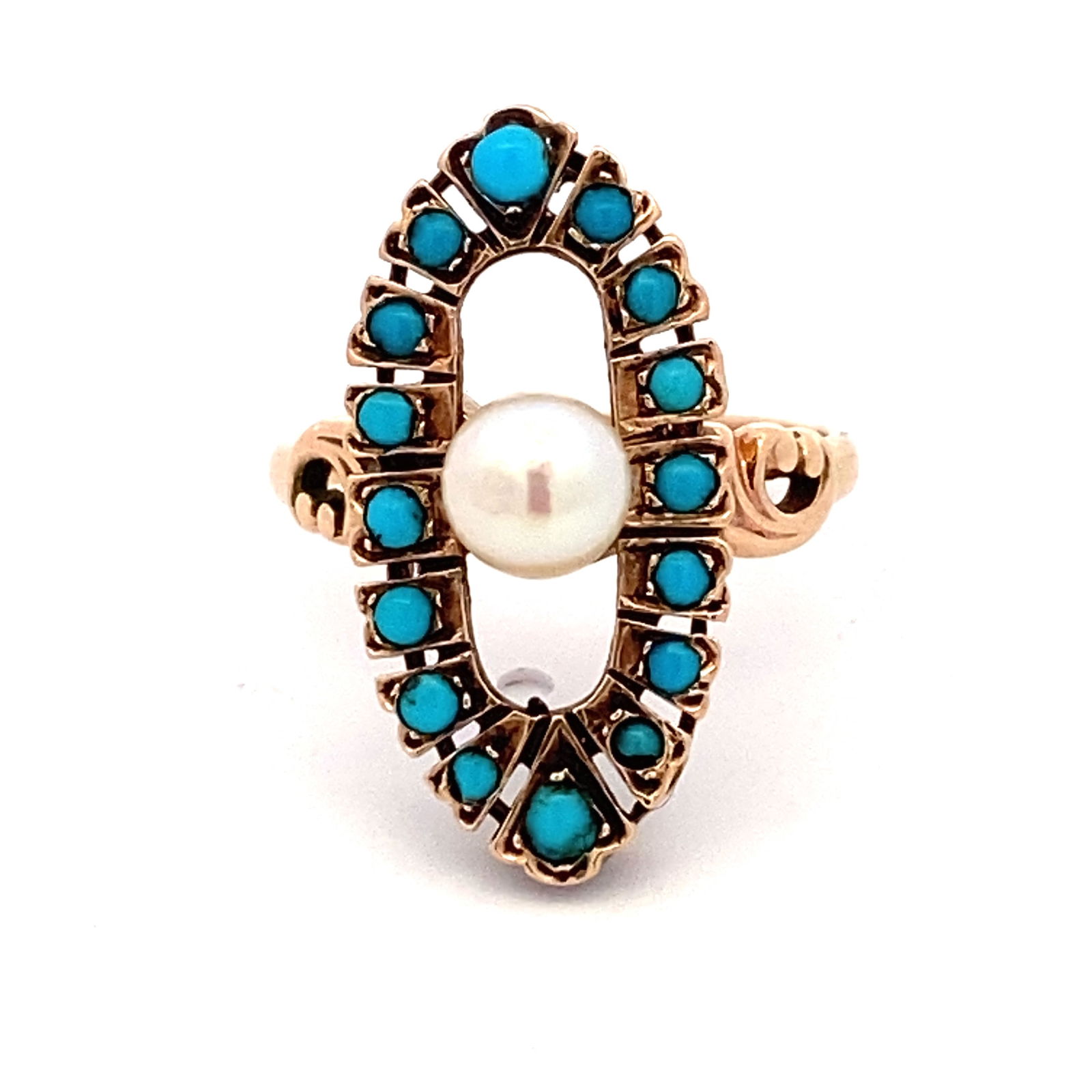 Estate Turquoise and Pearl Navette Ring in 14K Yellow Gold (1 of 6)