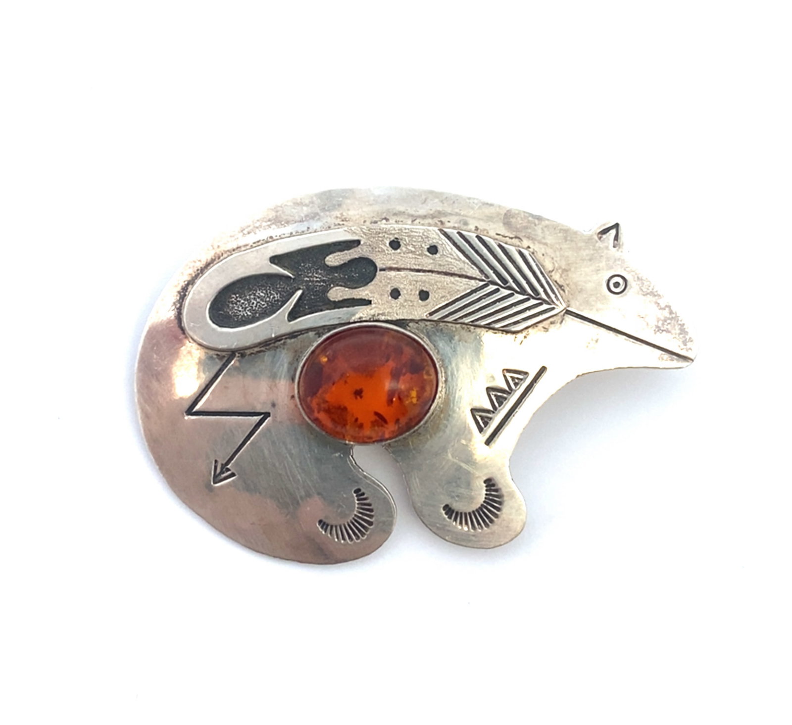 Sterling Silver Amber Bear Brooch: Sterling silver Native American bear brooch with amber, 1.25"H x 2"W, 10.0 grams