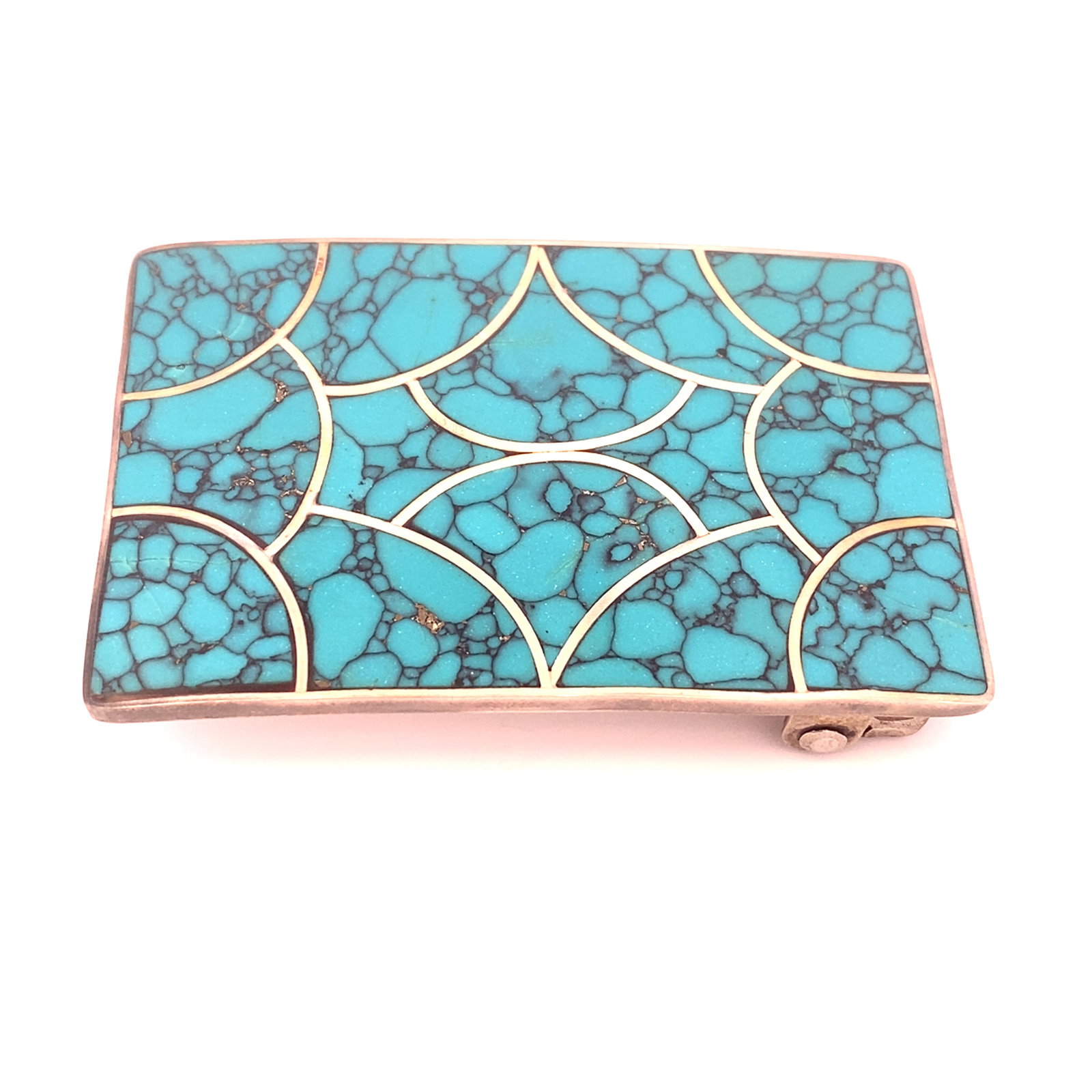 Turquoise Inlay Belt Buckle, Sterling Silver: Vintage handmade Native American turquoise inlay belt buckle, stamped ARL, 6.2cm W x 4.5cm H, 48.0g