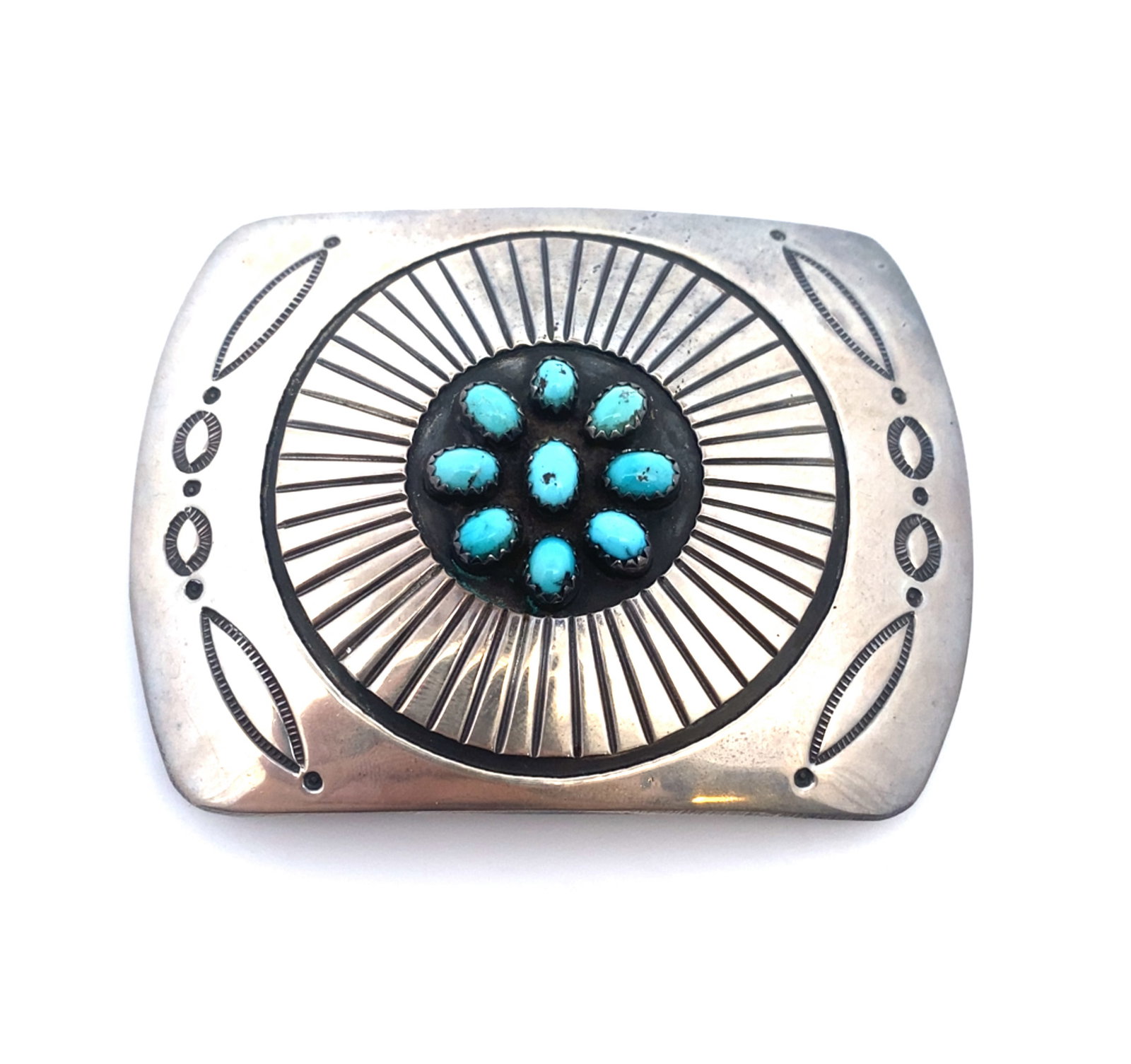 Rosco Scott Turquoise Belt Buckle, Sterling Silver: Native American sterling silver belt buckle with turquoise, stamped Rosco Scott, 7.5cm W x 5.7cm H, 57.0g