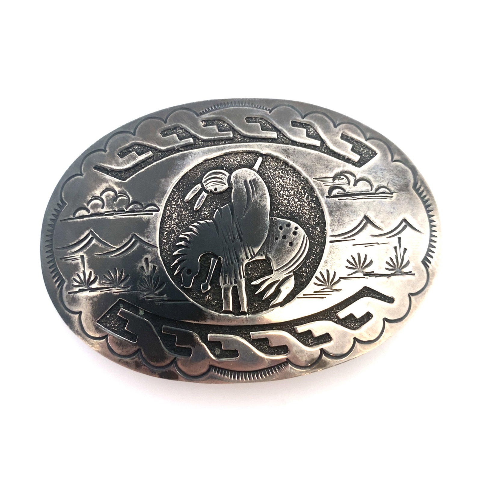 Vintage Native American Trail of Tears Belt Buckle in Sterling Silver: Vintage Native American trail of tears belt buckle in sterling silver, Measures: 3" width x 2" height, Weight: 30.3 grams