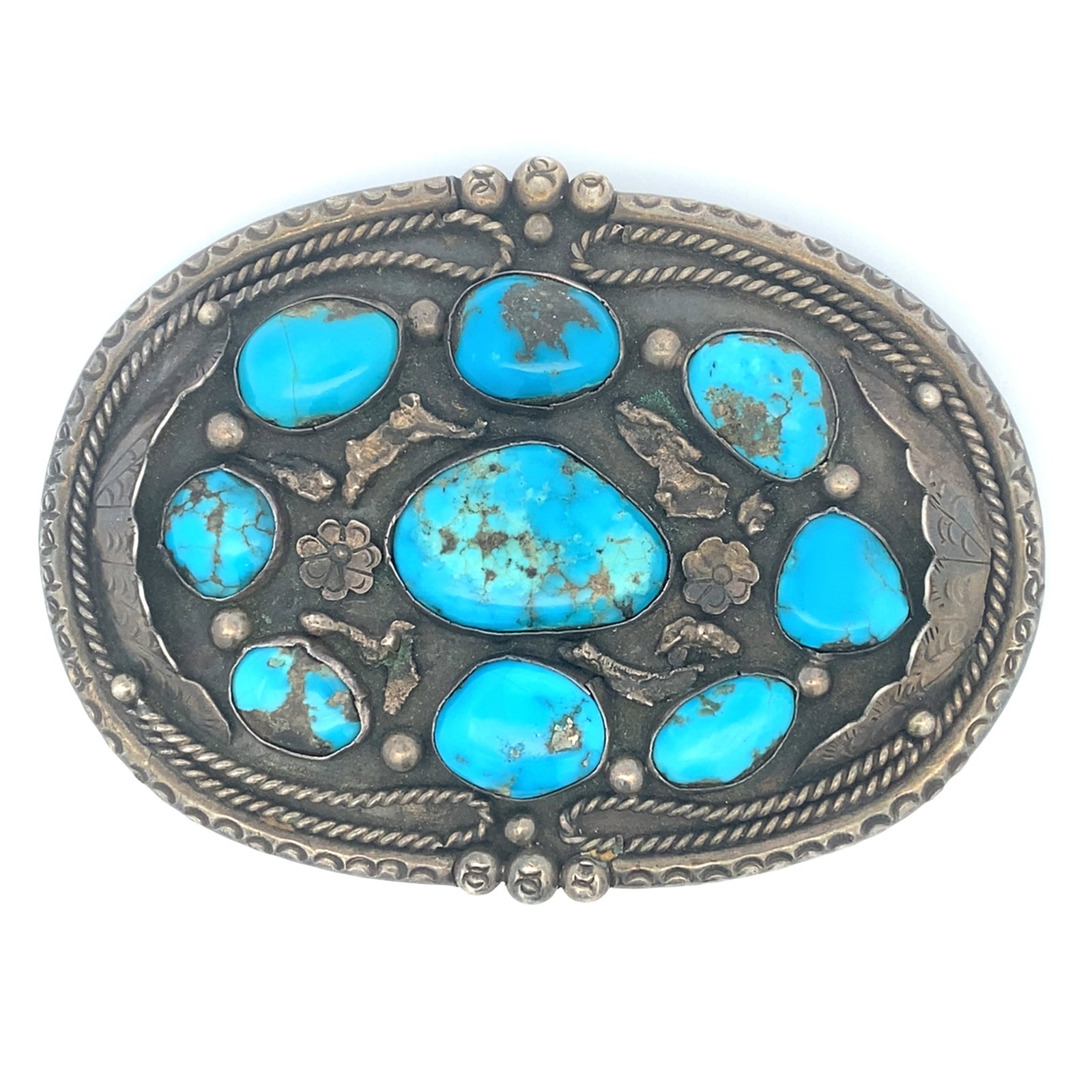 Vintage Estate Native American Navajo Turquoise Belt Buckle in Sterling Silver: Large vintage estate Native American Navajo turquoise belt buckle in sterling silver, Measure: 3" width x 4.5" Height, Weight: 104.6 grams
