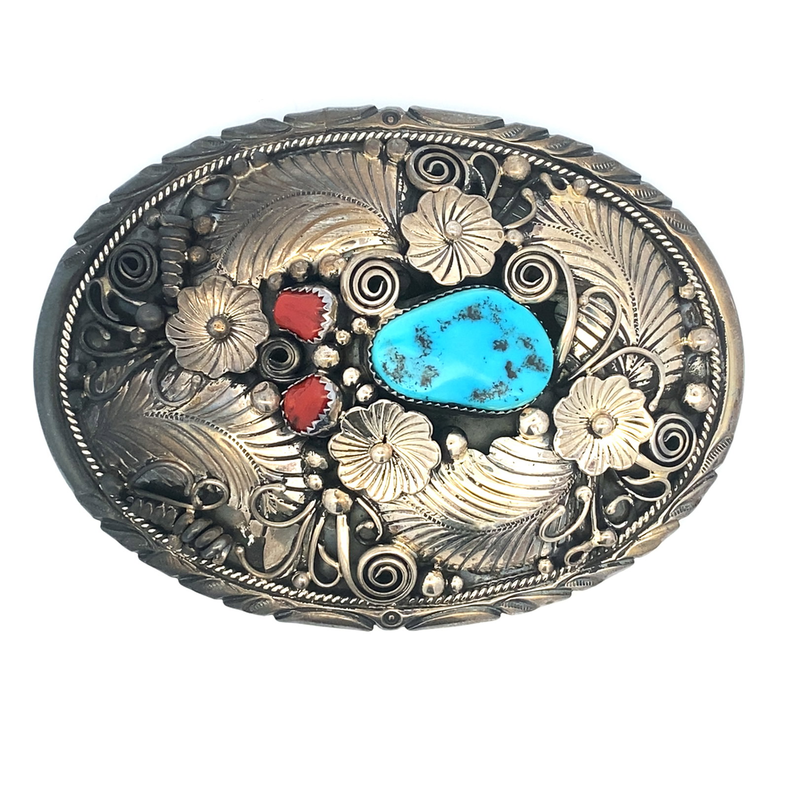 Native American Turquoise and Coral Belt Buckle in Sterling Silver: Native American turquoise and coral belt buckle in sterling silver, Measure: 10cm width x 7.3cm Height, Weight: 97.5 grams