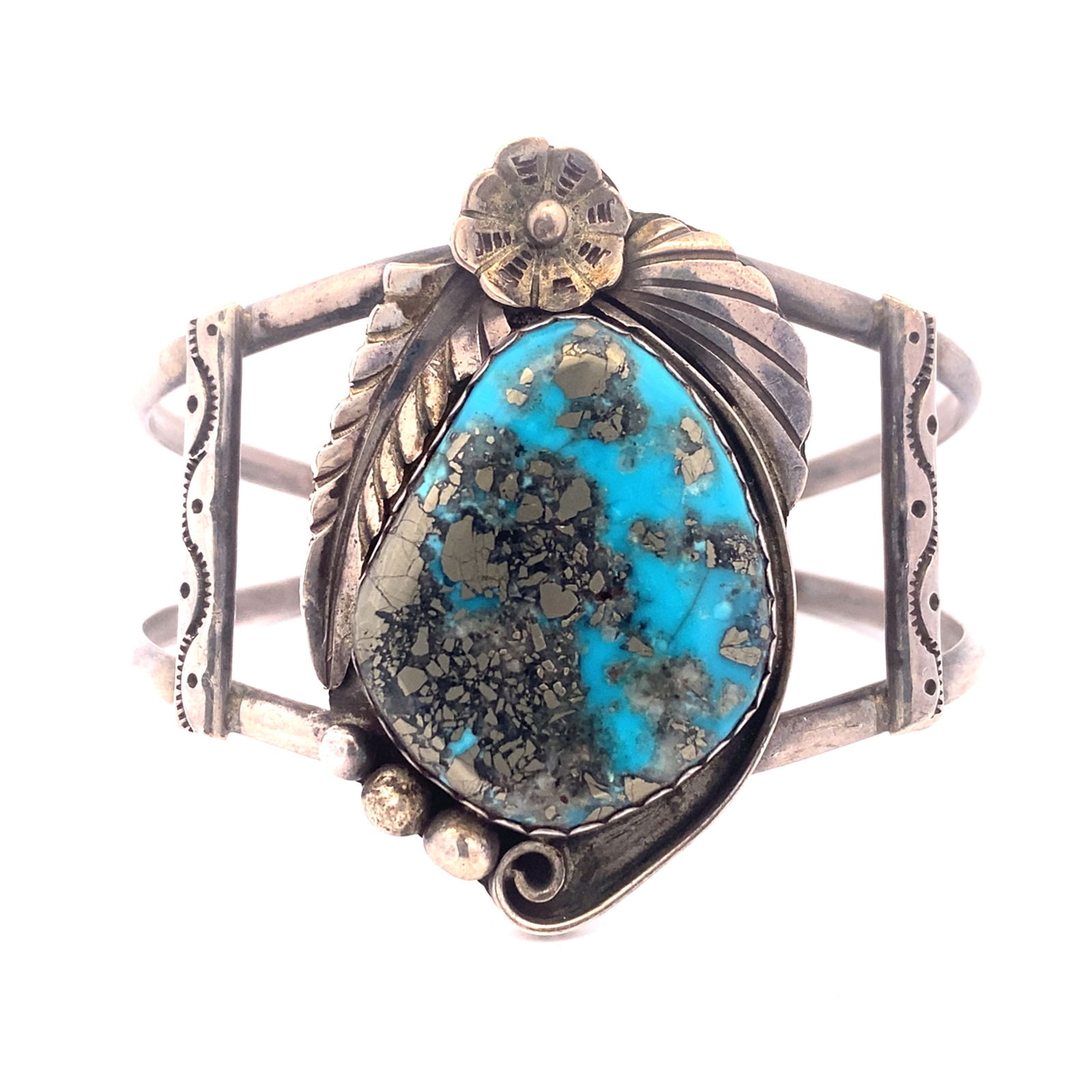 Native American Artisan Signed "LH" Turquoise Cuff Bracelet in Sterling Silver (1 of 4)