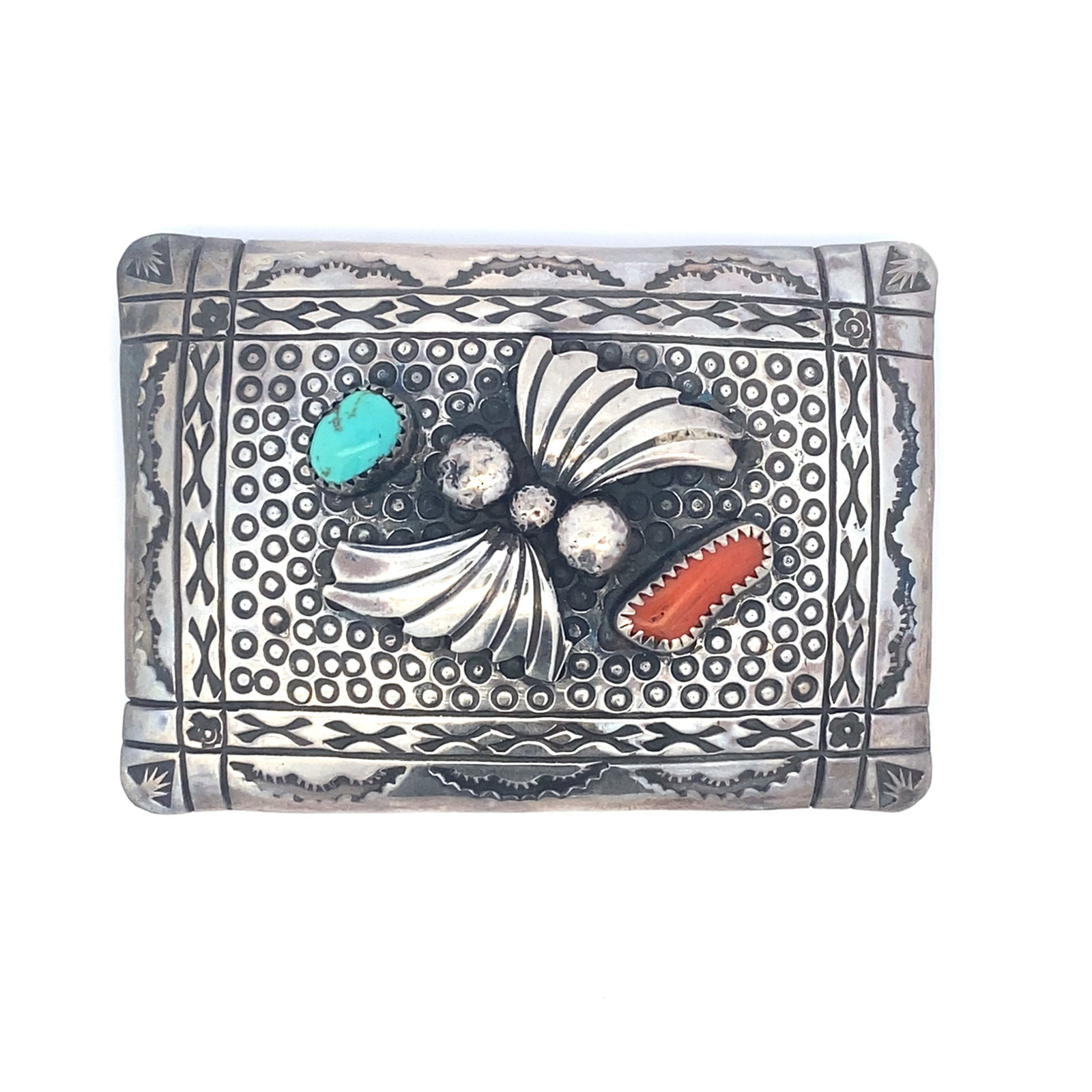 M.E. TSOSIE Native American Turquoise and Coral Belt Buckle in Sterling Silver: M.E. TSOSIE Native American turquoise and coral belt buckle in sterling silver, Measure: 7.2cm width x 5cm height, Weight: 48.7 grams
