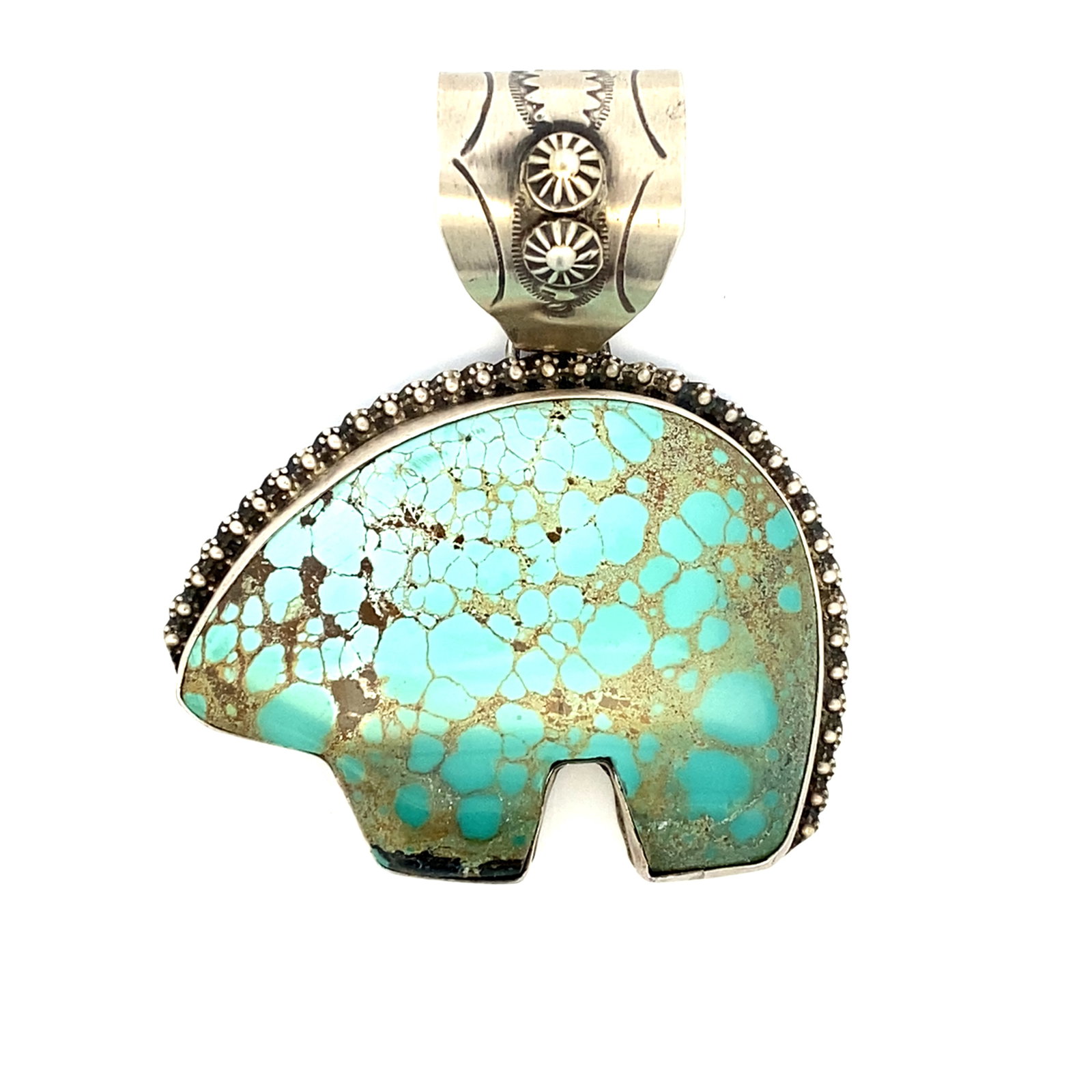 Rocki Gorman Gary G Turquoise Bear Pendant: Sterling silver turquoise bear pendant by Rocki Gorman & Gary G Sanchez, 3"H x 2.25"W, 39.9 grams
